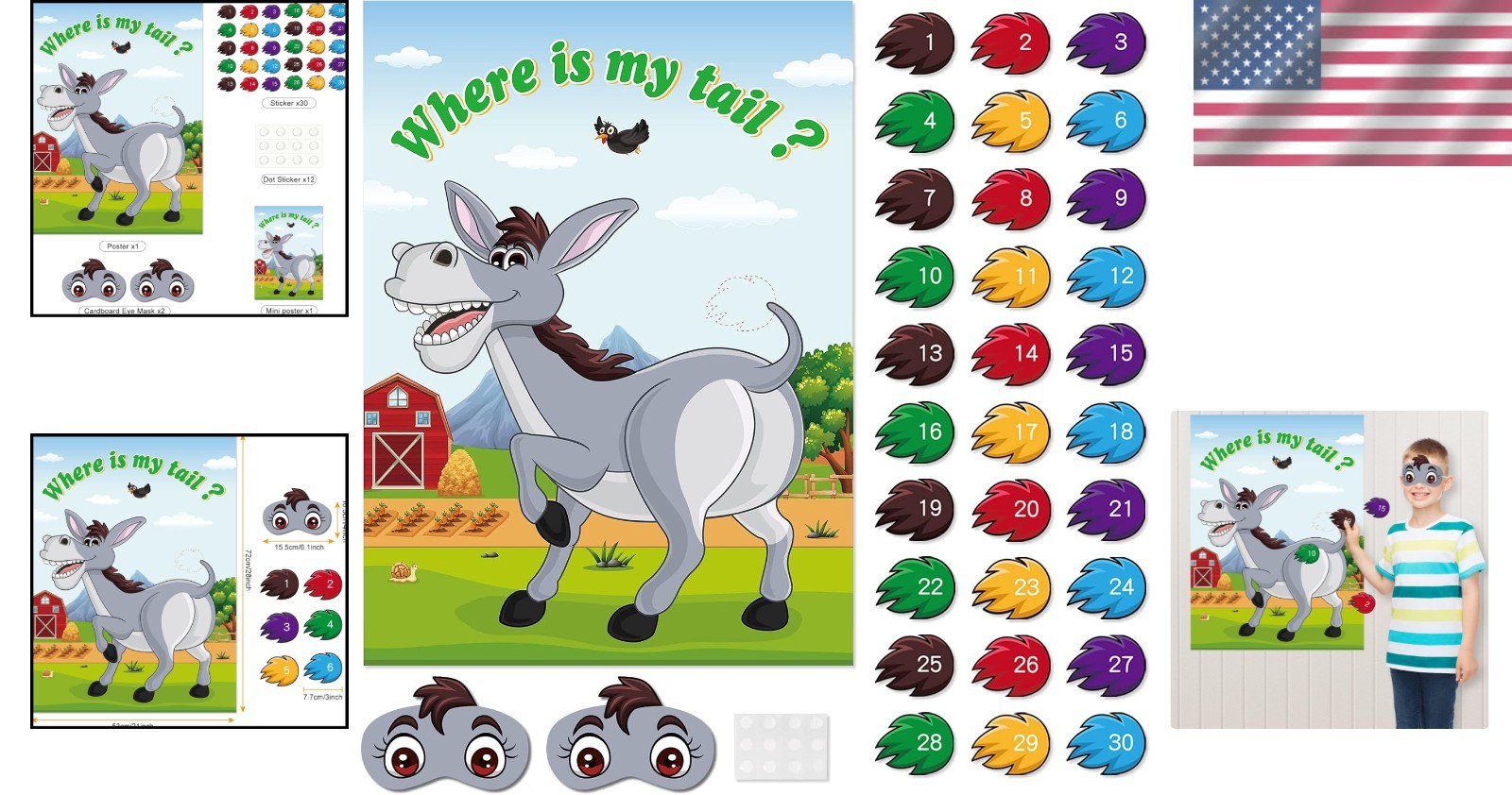 Pin The Tail on The Donkey Party Game for All Ages with 30 Stickers & Blindfold