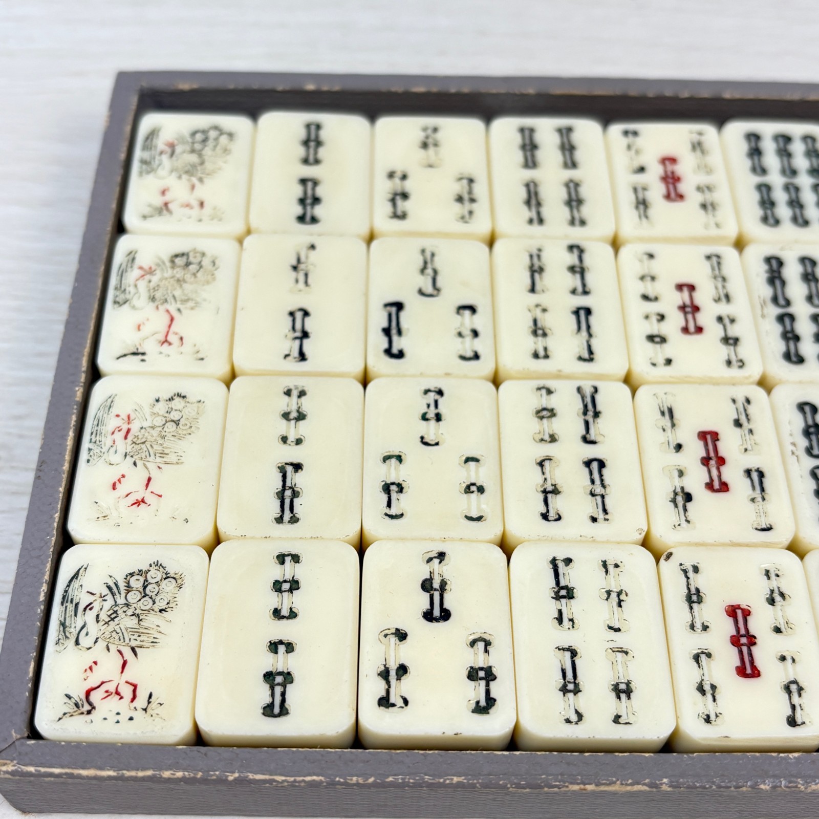 Vintage Japanese Mahjong Tile Set Brown Leather Case 1950s-60s Ivory Tiles AS-IS