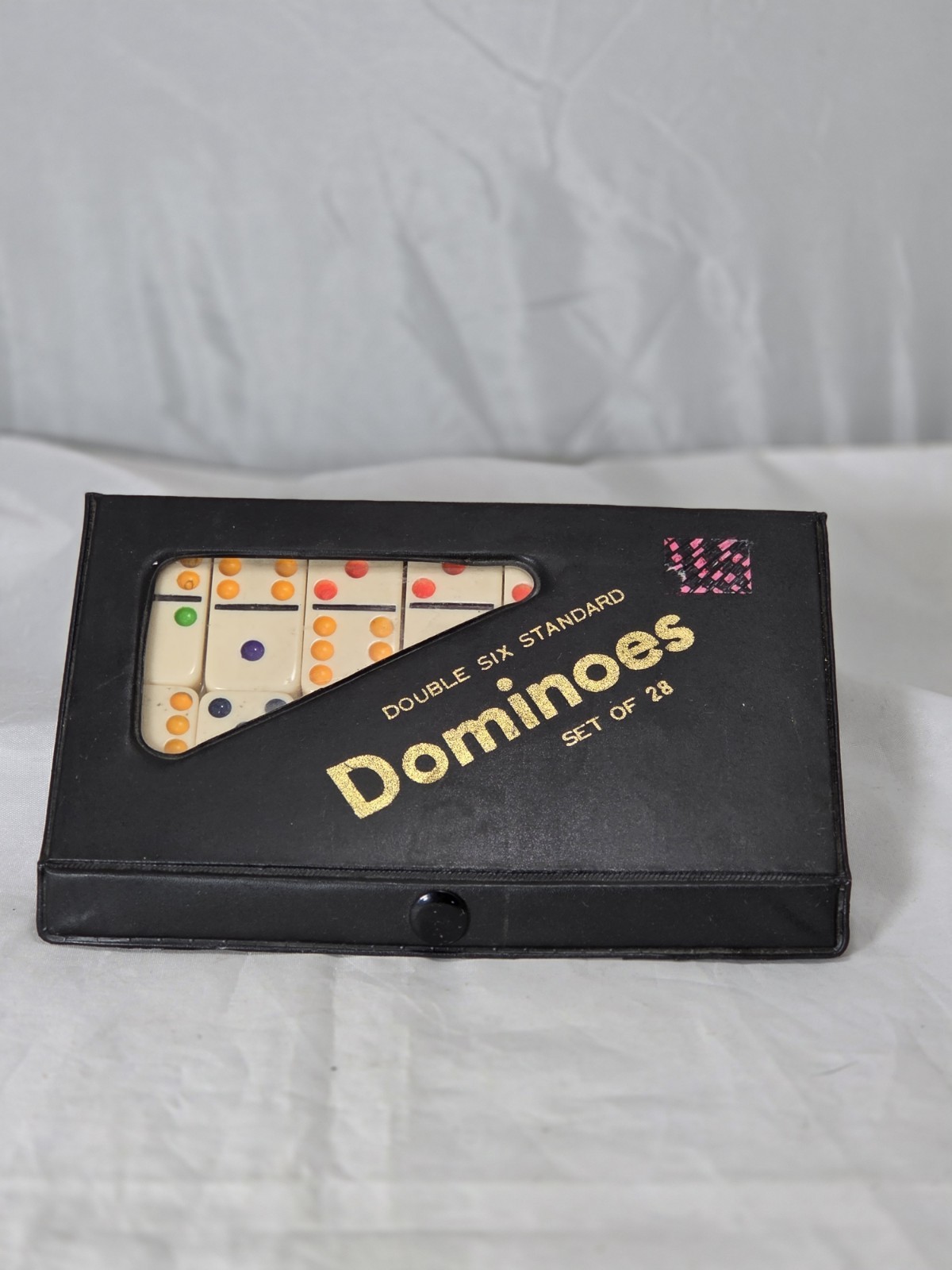 VINTAGE Dbl Six Jumbo Domino Set In Case 28 Pieces ,Ivory & Bright Colors.