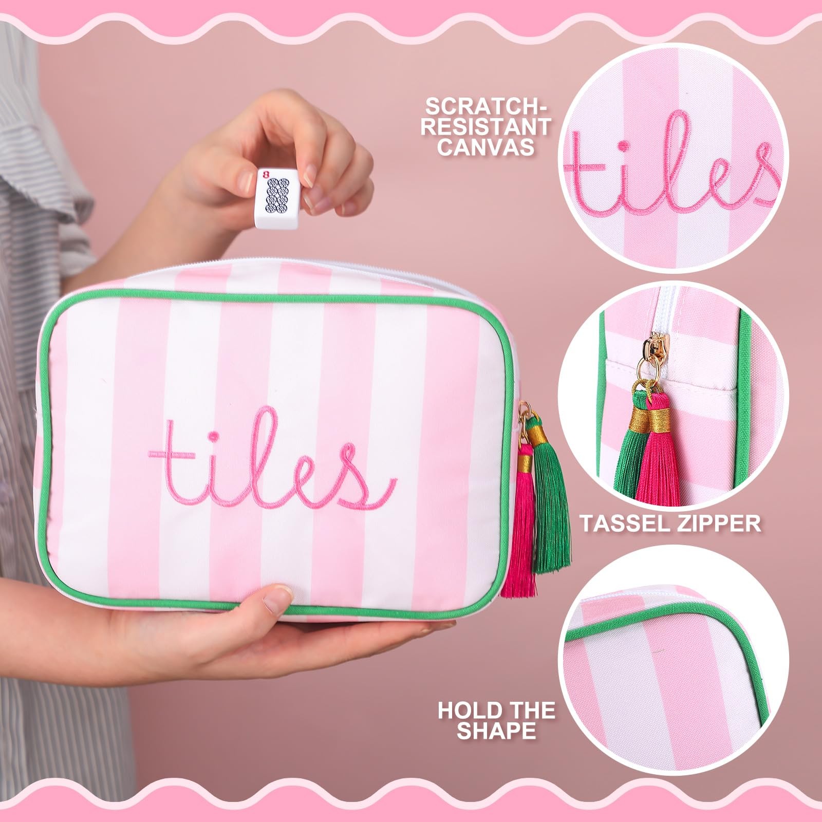 Mahjong Tile Bag with Zipper, Striped Embroidered Mahjong Storage Pouch Mah J…