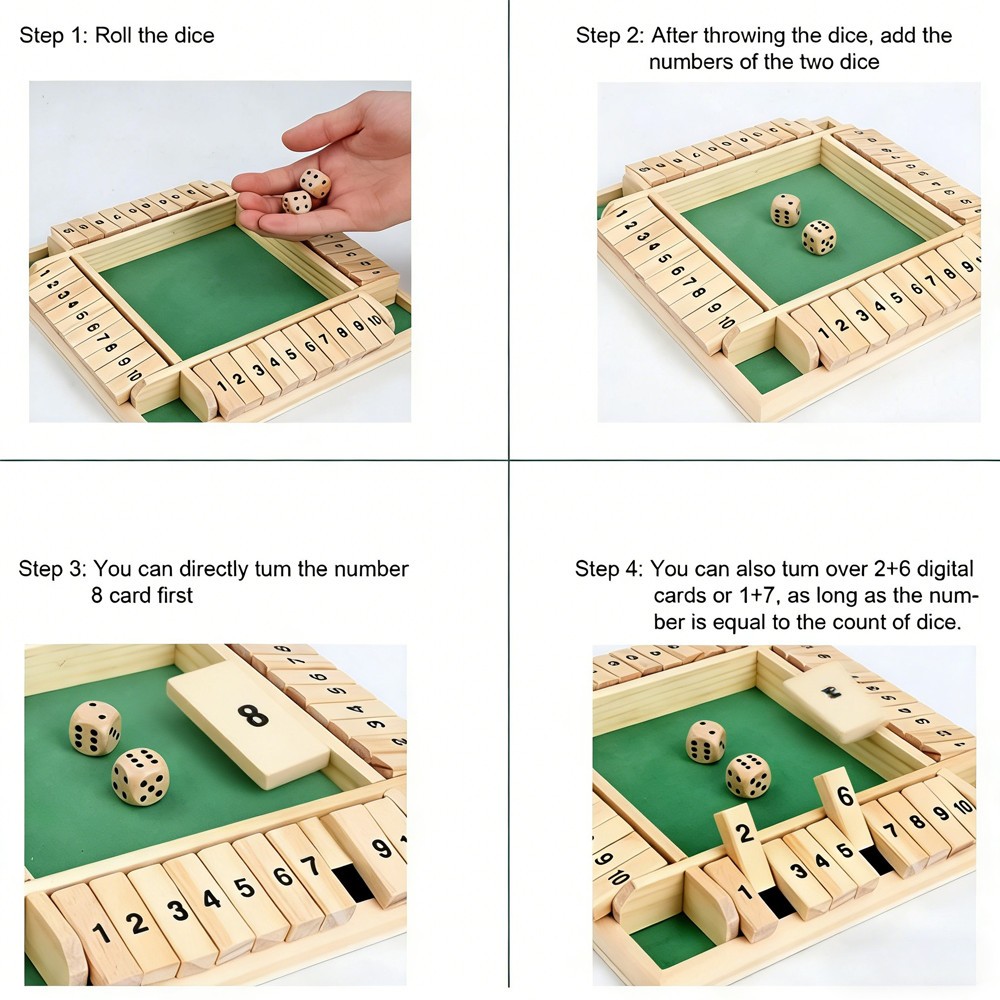 Shut The Box Dice Game Wooden 4 Sided Classic Family Math Game US STOCK