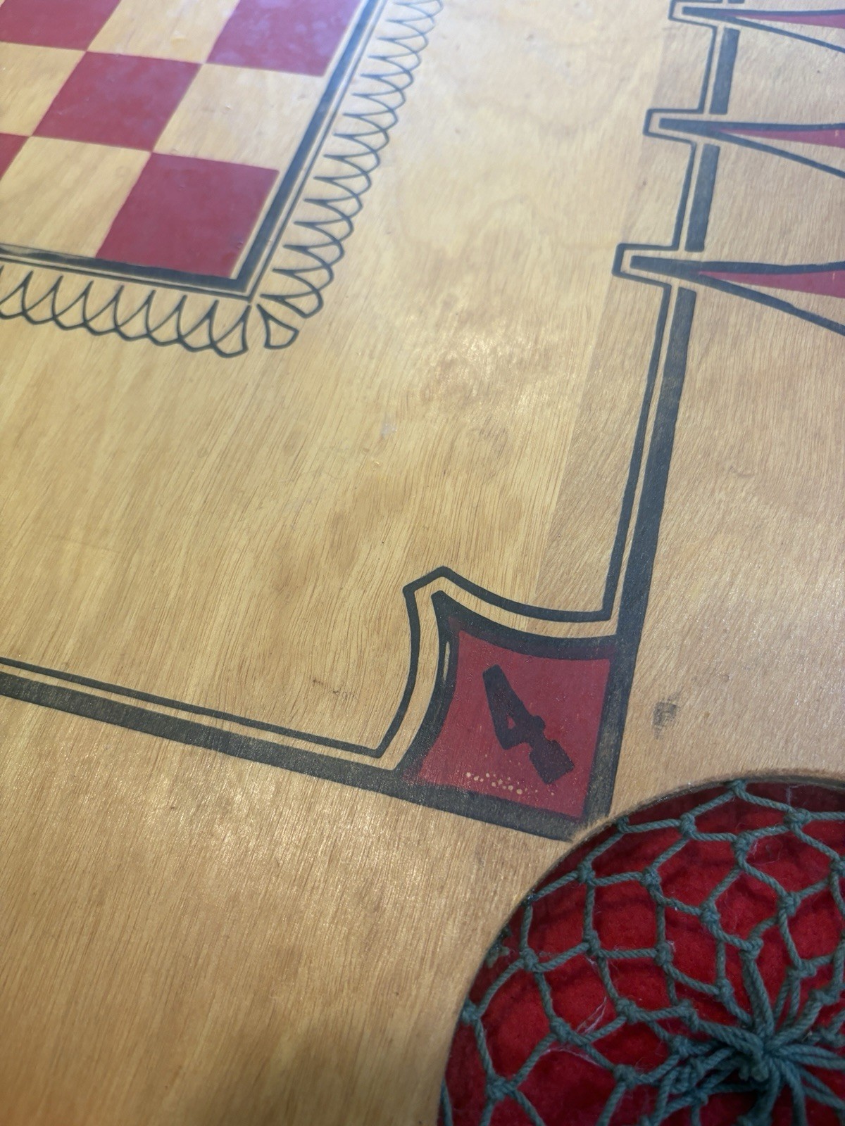 Vintage Carrom Game Board Model 106 Wood Two-Sided 28″ x 28″ w/ Corner Nets.