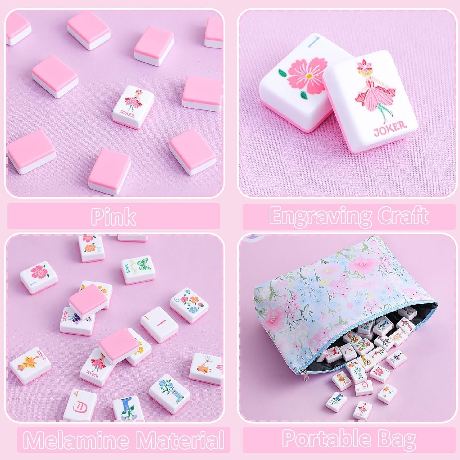 Mahjongolé 2026 American Mahjong Tile Set 160 Pink Tiles Floral Bag Open Box