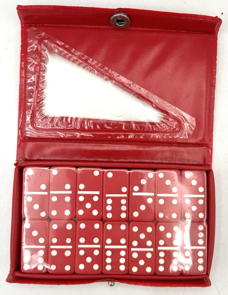 Vintage Red Double Six Dominoes Set 28 Pieces Vinyl Travel Case