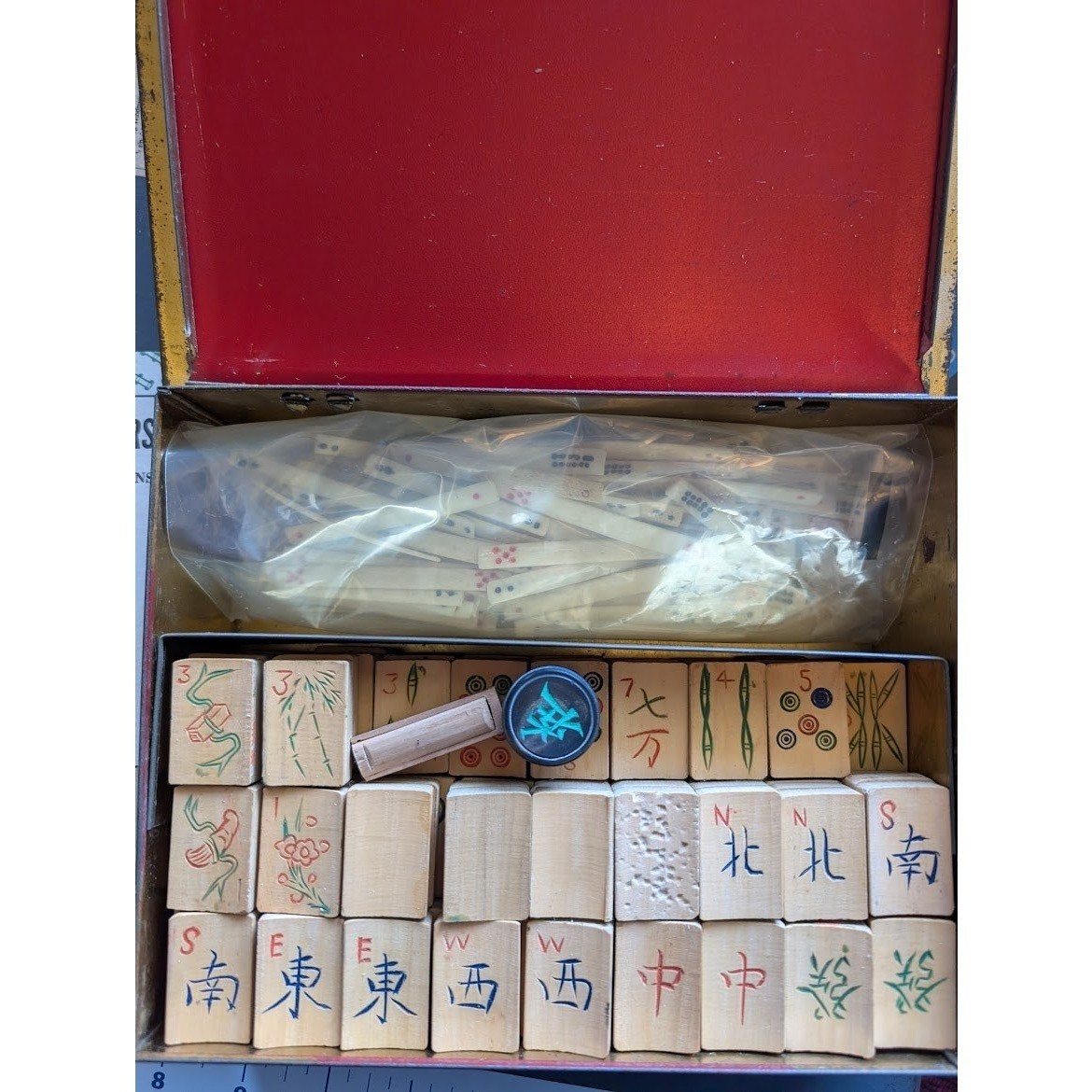 Antique 20s Admiral Mahjong Set Bone Bamboo Tiles Sticks Tin Box Hand Carved