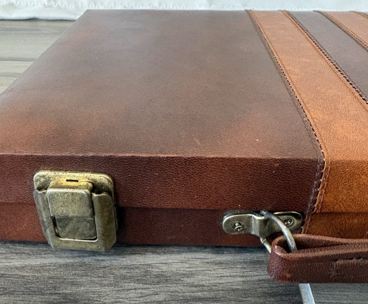 Vintage Backgammon Brown Faux Leather Set with Carrying Case Complete Board Game