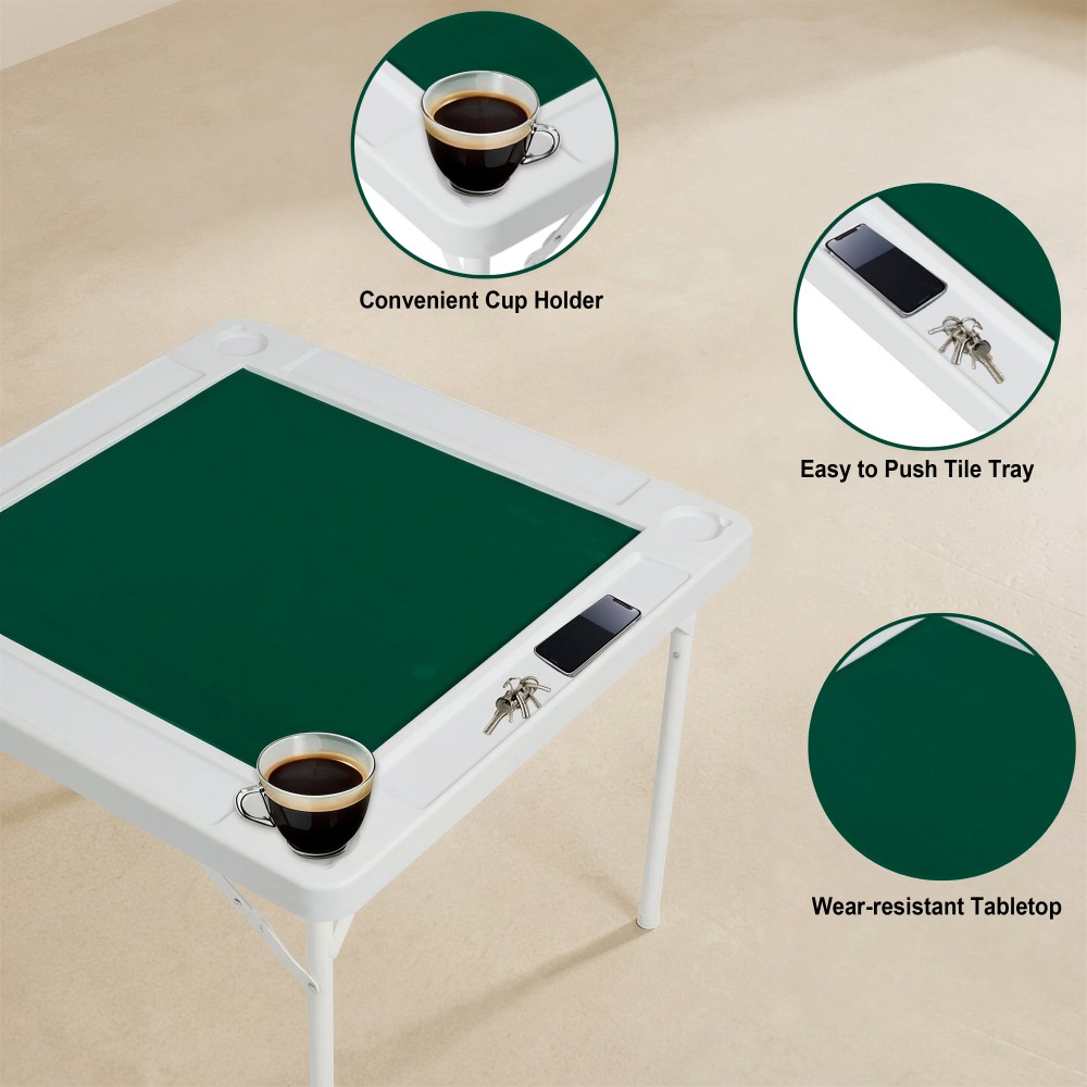 Square Folding Card Table Felt Poker Mahjong Table with Chip Trays Cup Holders