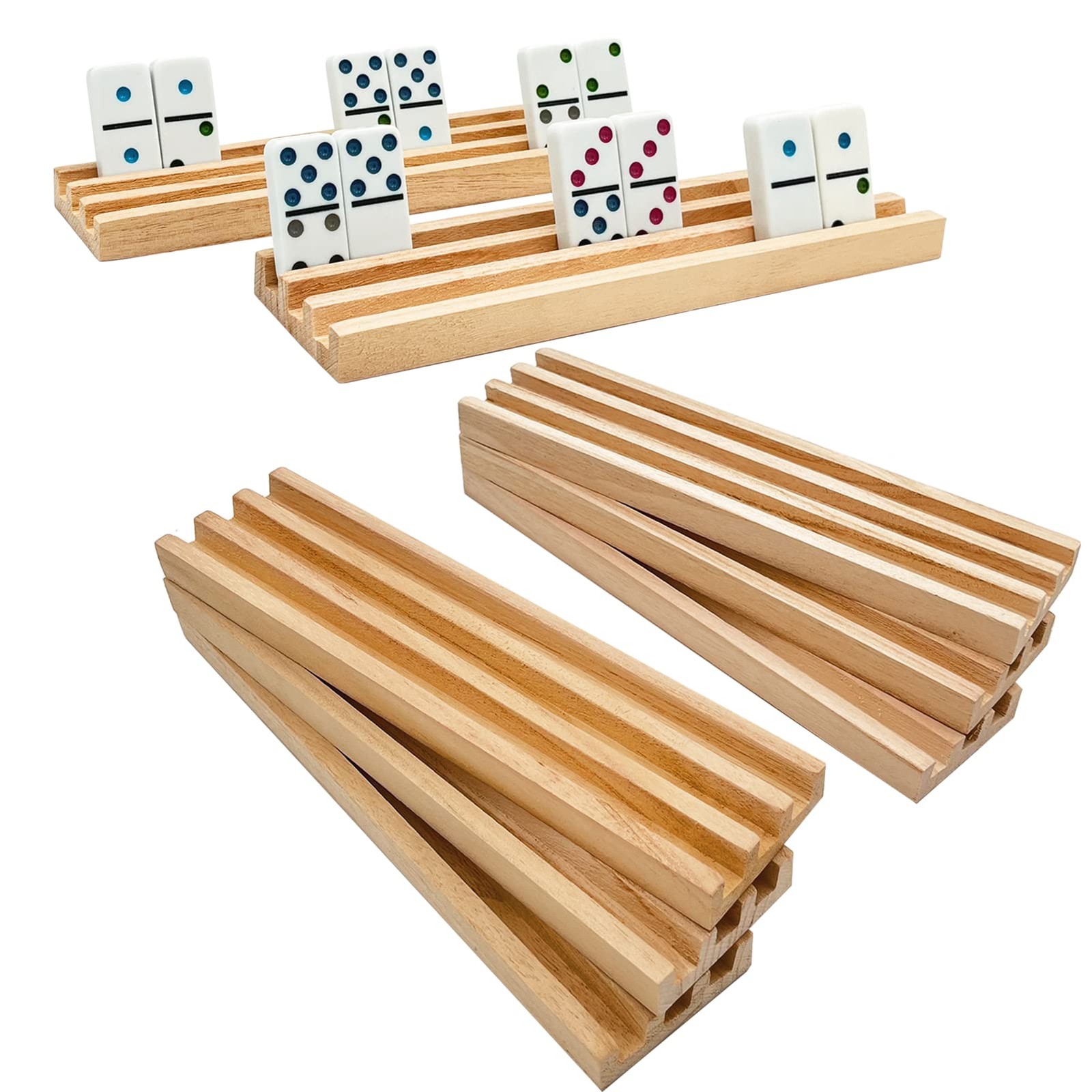 SUTIMSHE Wooden Domino Racks/Trays Set of 8 Natural Domino Trays Holders Orga…