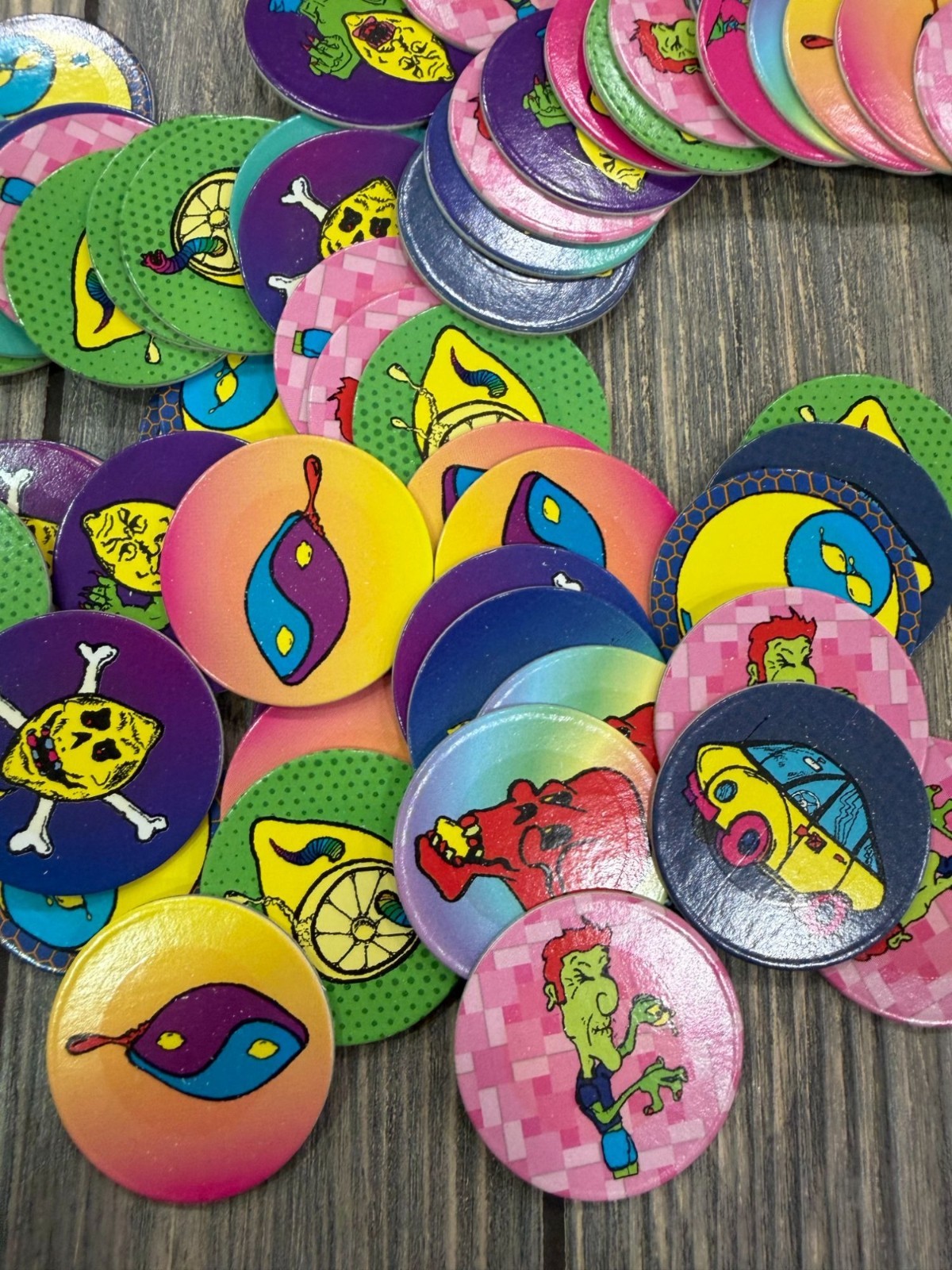 Vintage 90s Pogs Lot With Bright Graphics & Tube Container – Assorted Designs