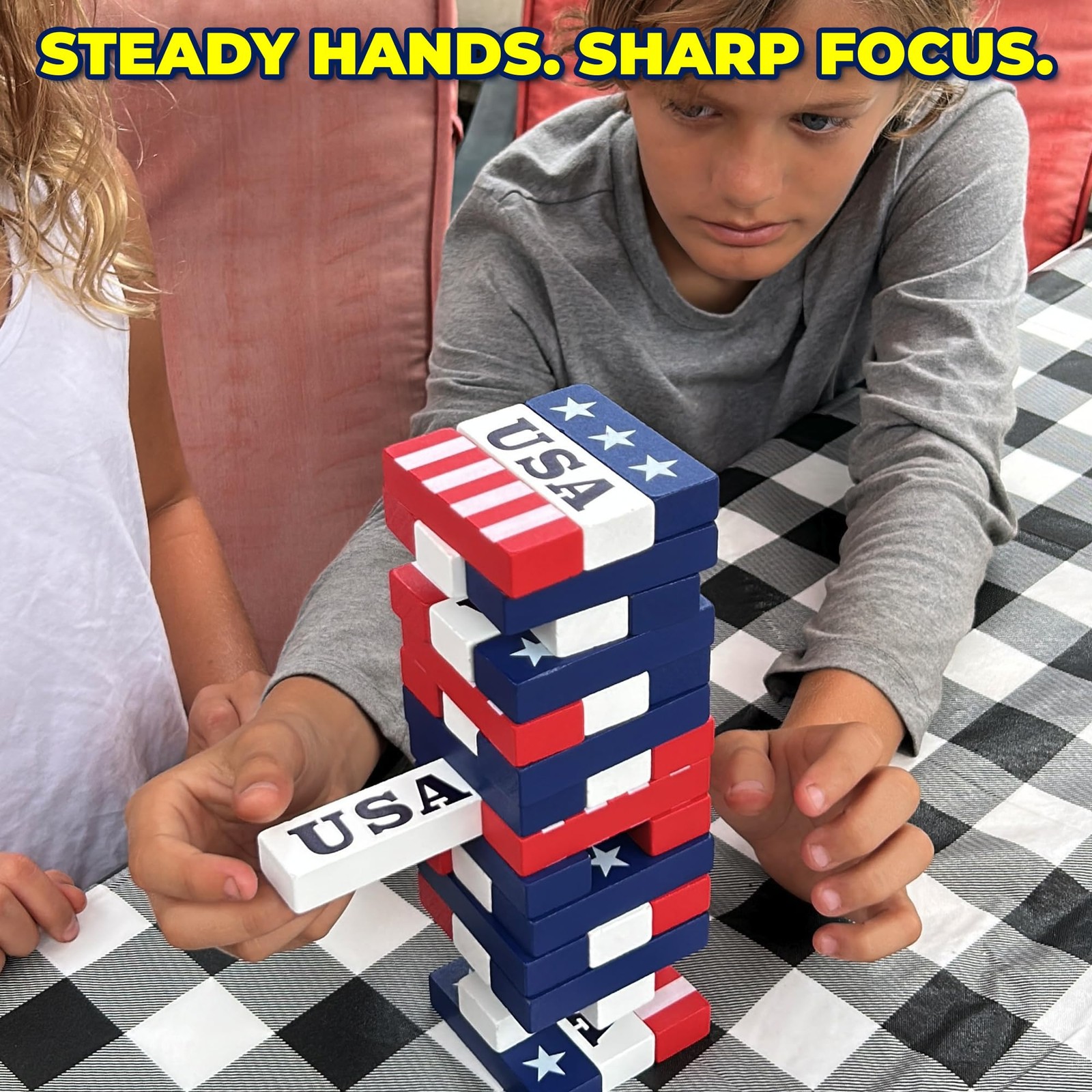 New Funwares Red White & Stack, Patriotic Wooden Stacking Game for Kids Adults