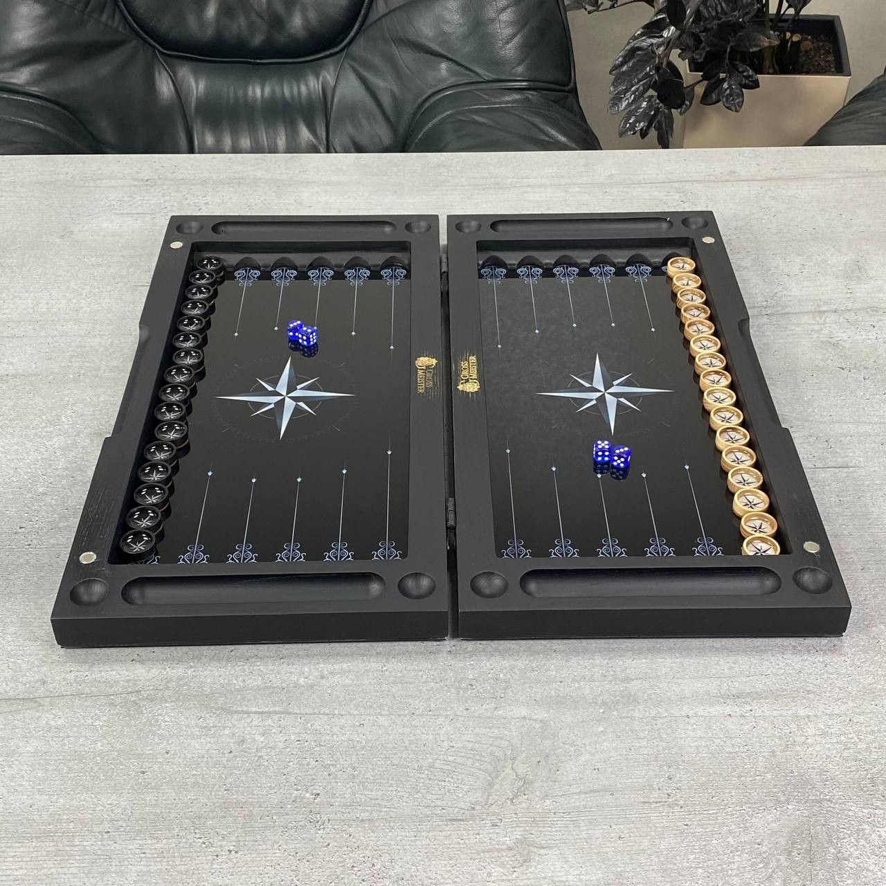 Glass & Wood Backgammon Set with Compass Design, Custom Board Game, 20×10 in