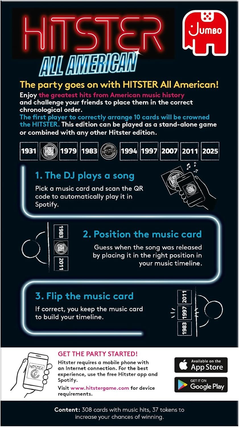 Jumbo Hitster – All American, Fun Music Quiz Card Game, 2-10 Players – 300 Best