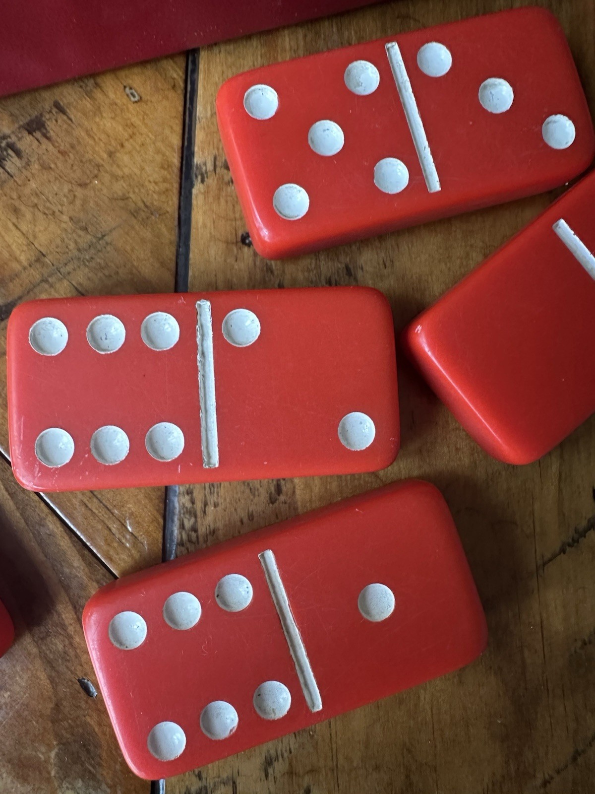 Vintage Red Double Six Dominoes Set of 28 Tile Game Complete W Vinyl Case, GUC