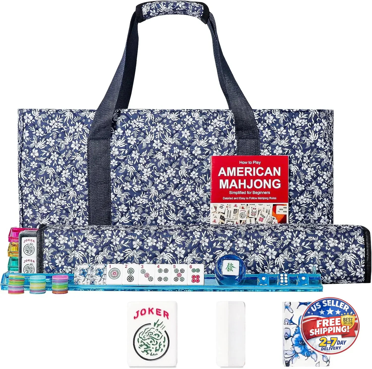 American Mahjong Set,166 Premium Acrylic Tiles with Blue Prints, 4 All-in-One Co