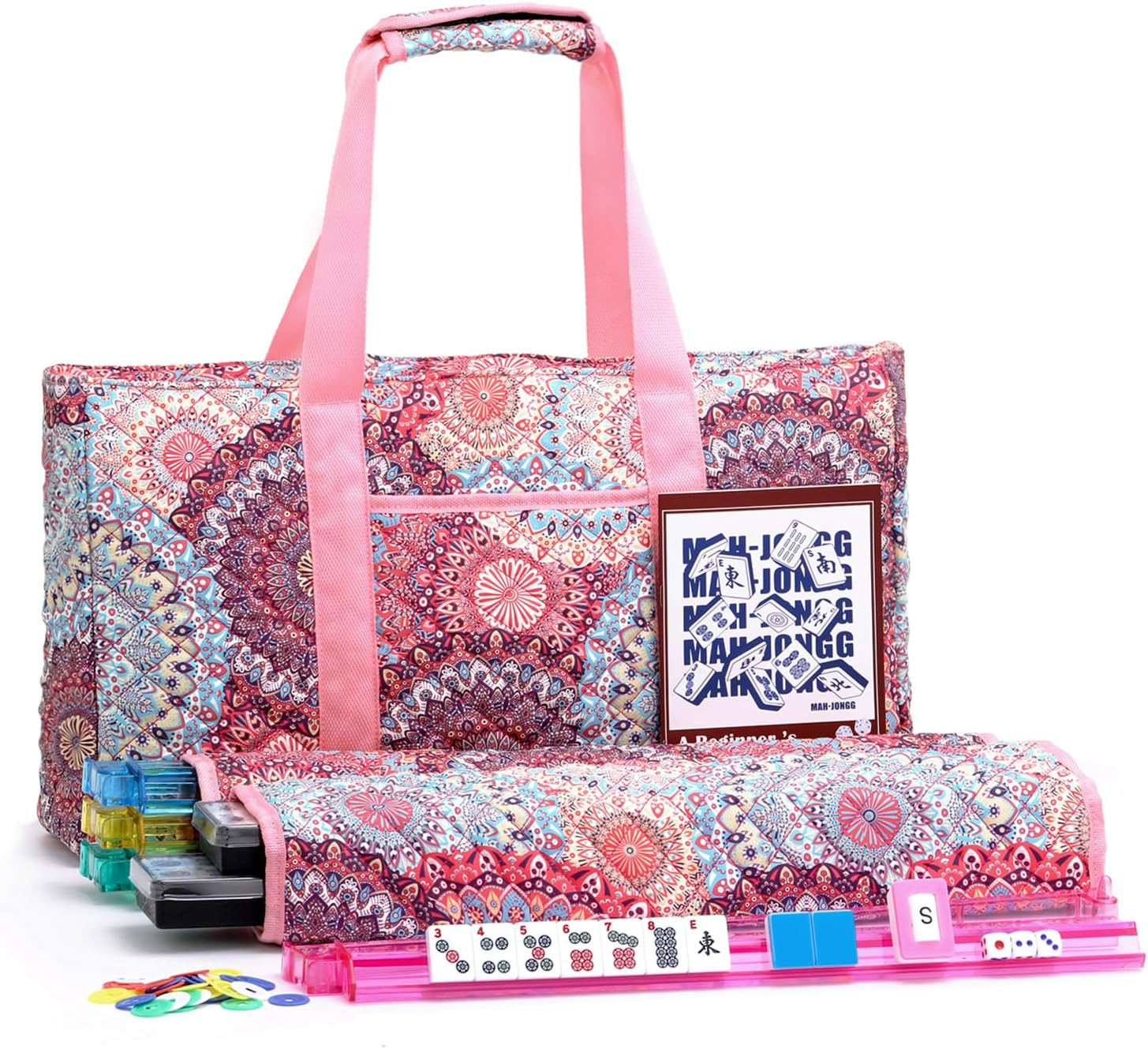 American Mahjong Tile Set with Pink Printed Carrying Bag, 166 Blue Tiles, 4 All-