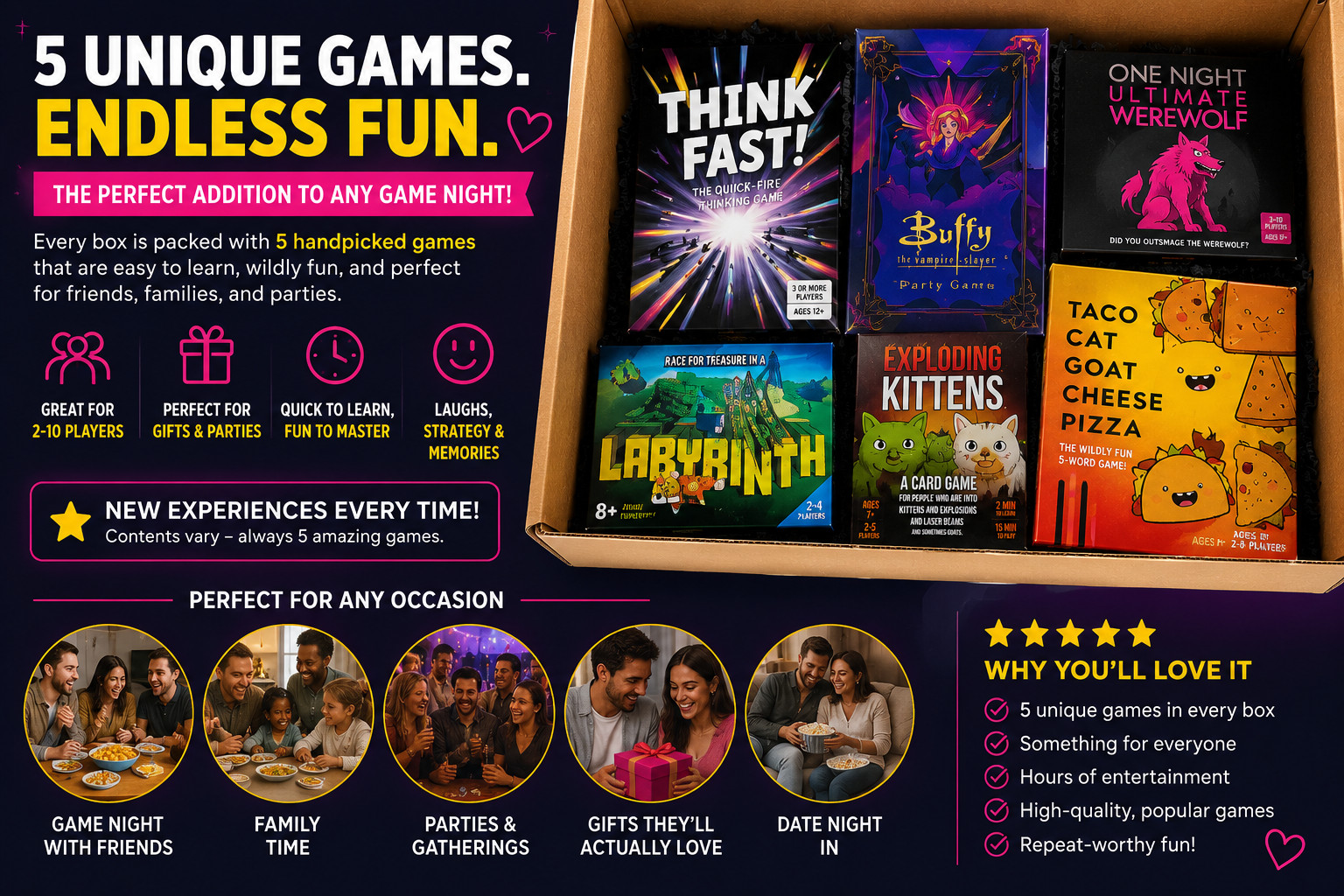 Curated Friends Game Night Mystery Box Board &Card Game Bundle Party Game Lot8+