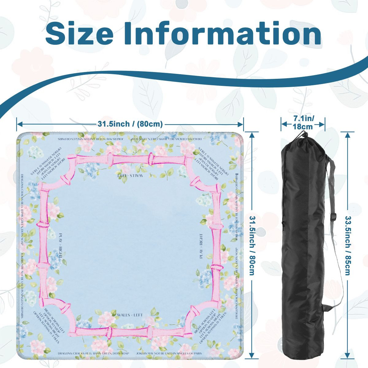Hydrangea Floral Mahjong Mat – 3MM thick, 31.5″x31.5″, Pink and Blue