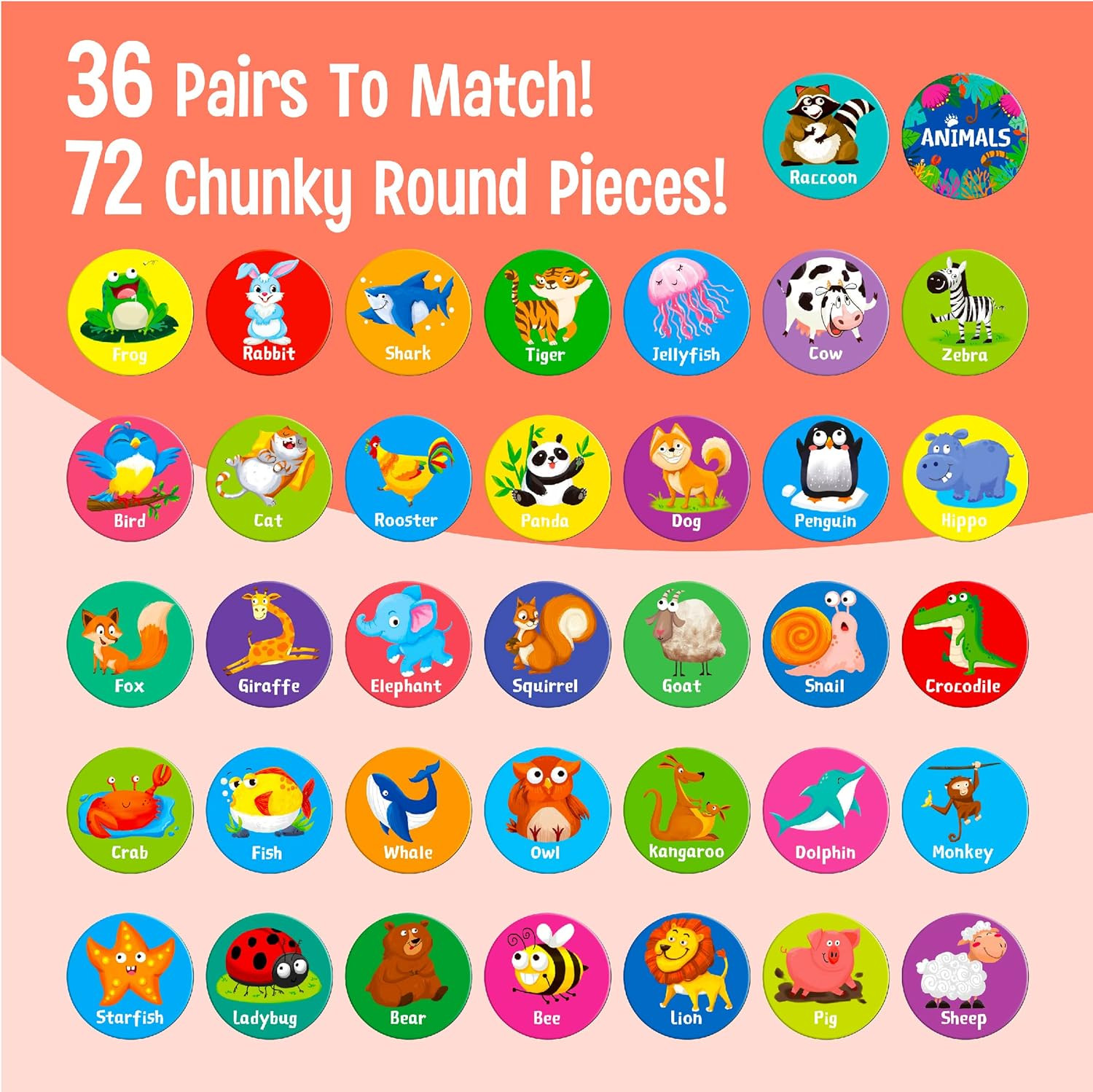Memory Matching Game, 72 PCS Animal Matching Cards for Toddlers 36 Pairs Memory