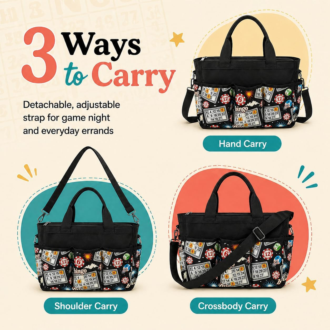 Bingo Bag with Pockets for Daubers, Lightweight Bingo Dauber Bag for Game Night,