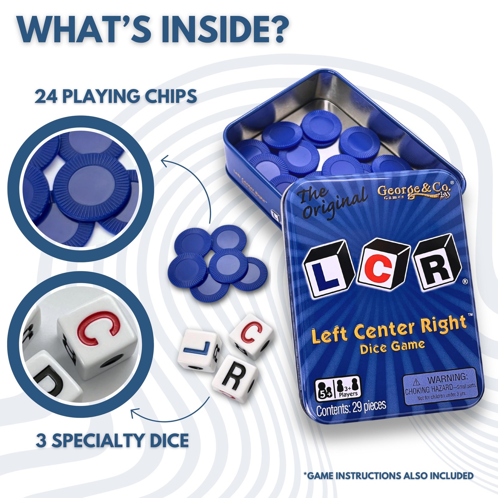 LCR® Left Center Right™ Dice Game – Blue Tin