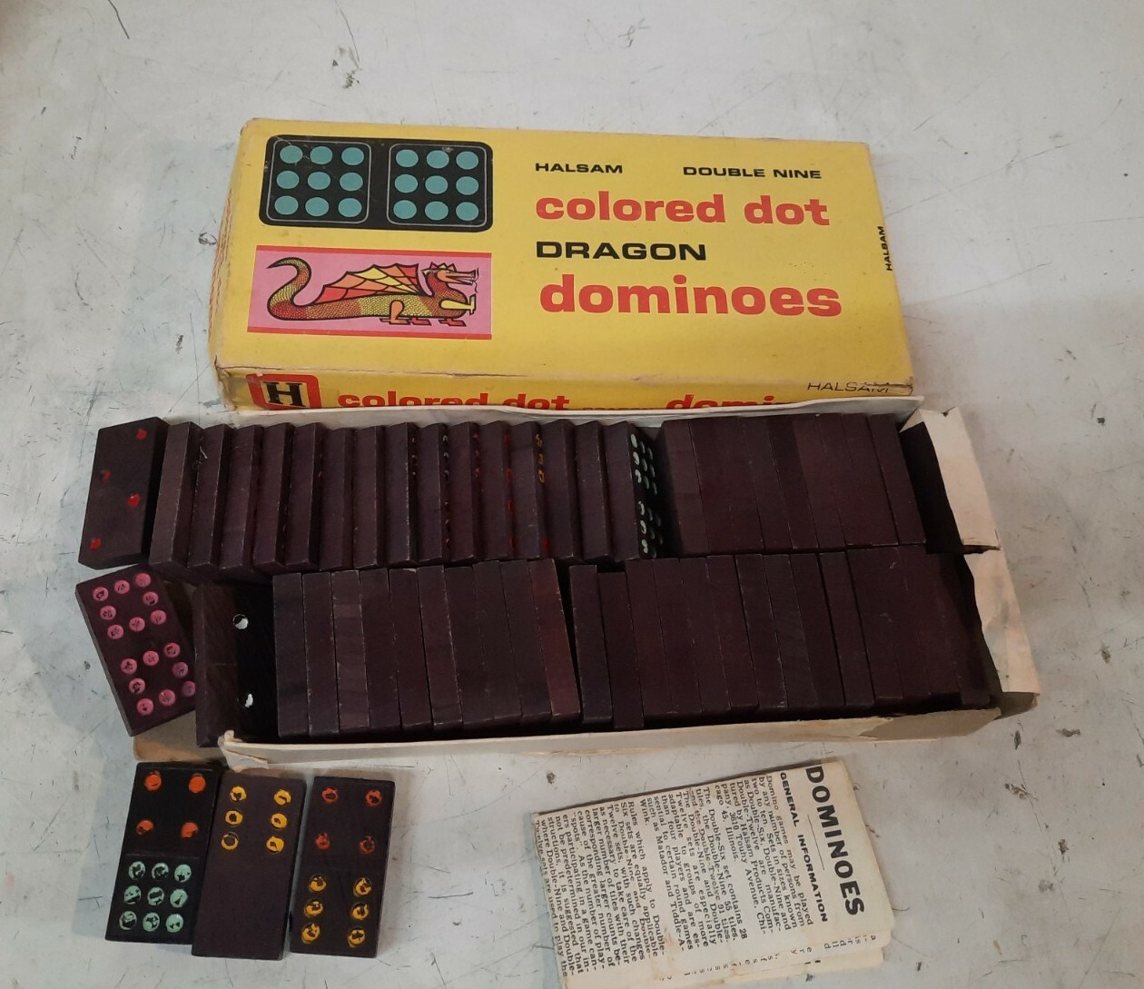 Vintage Dragon Dominoes with colored dots by Halsam Set Box GUC 920-C 55 Pieces