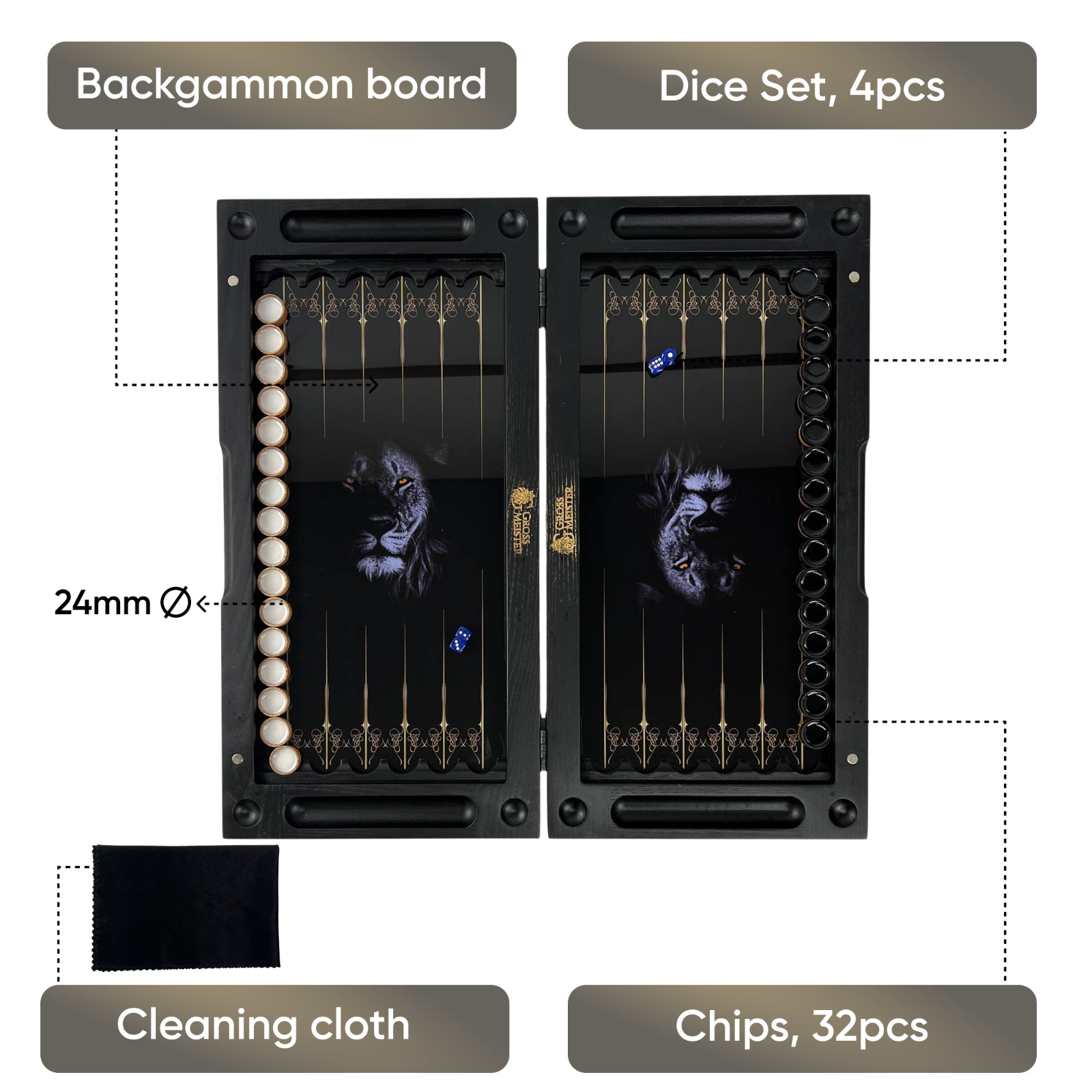 Tempered Glass Backgammon Set Lion Design, Game Board, Gift for Him 50cm (19.7″)