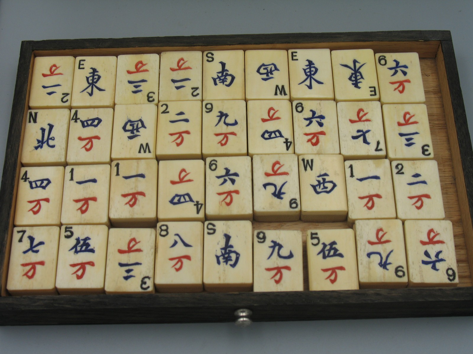 Antique Chinese Mahjong 4 Drawer Wood Box Set Bamboo Bone with Tile Holders