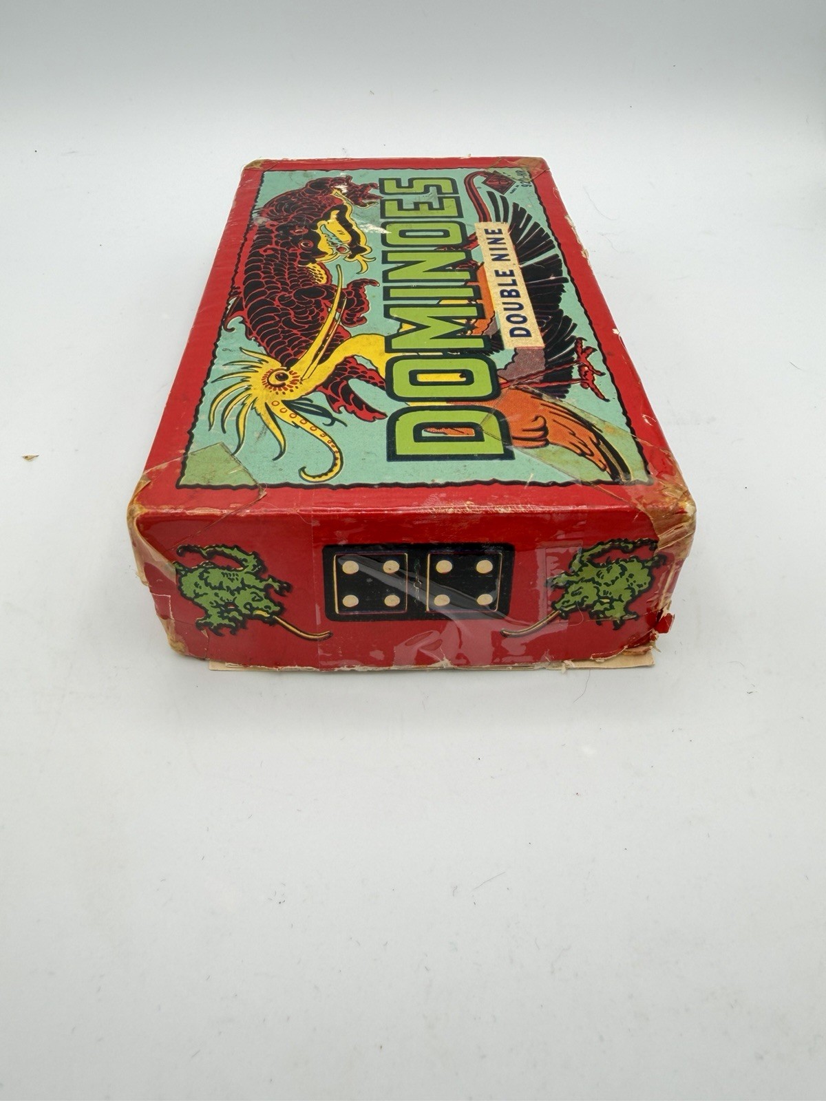 Vintage Double Nine Dominoes Dragon Box Colored Dots 55 Tiles Read