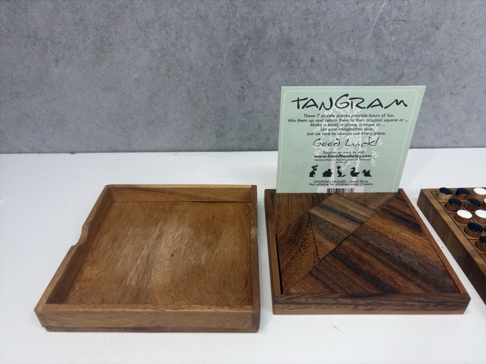 Lot of 2 SiamMandalay Wooden Tangram Puzzle & Peg Reversi Othello Travel Games