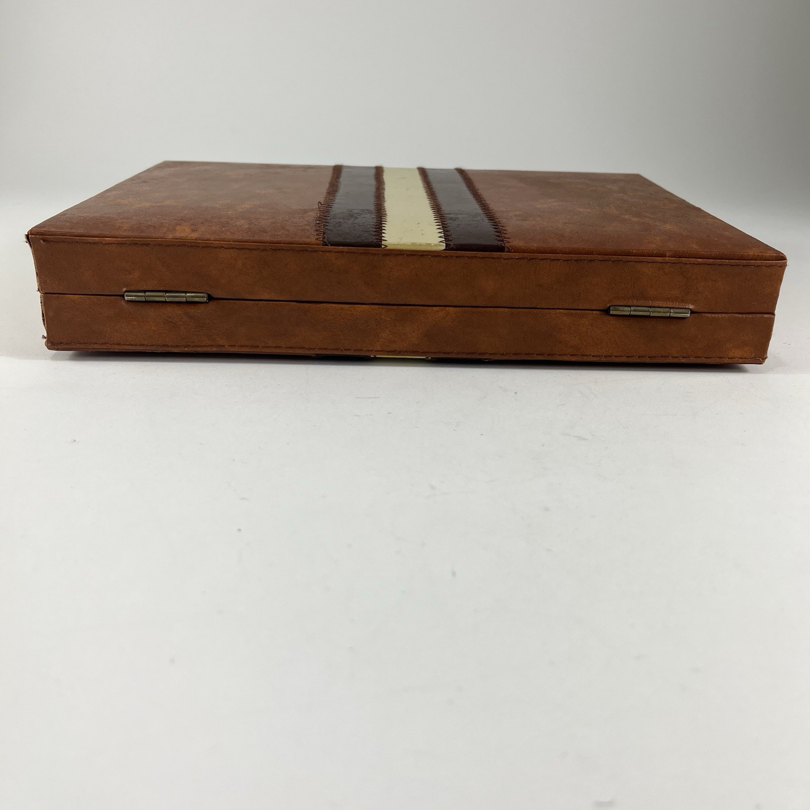 Backgammon Travel Case Game Complete Brown & White Faux Leather Vintage