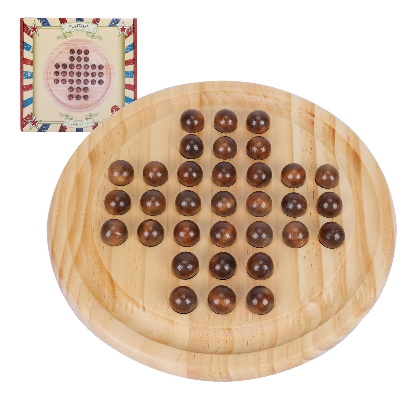 Solid Wood Solitaire Game, Classic Handcrafted 9” Wooden Solitaire Board, 33…