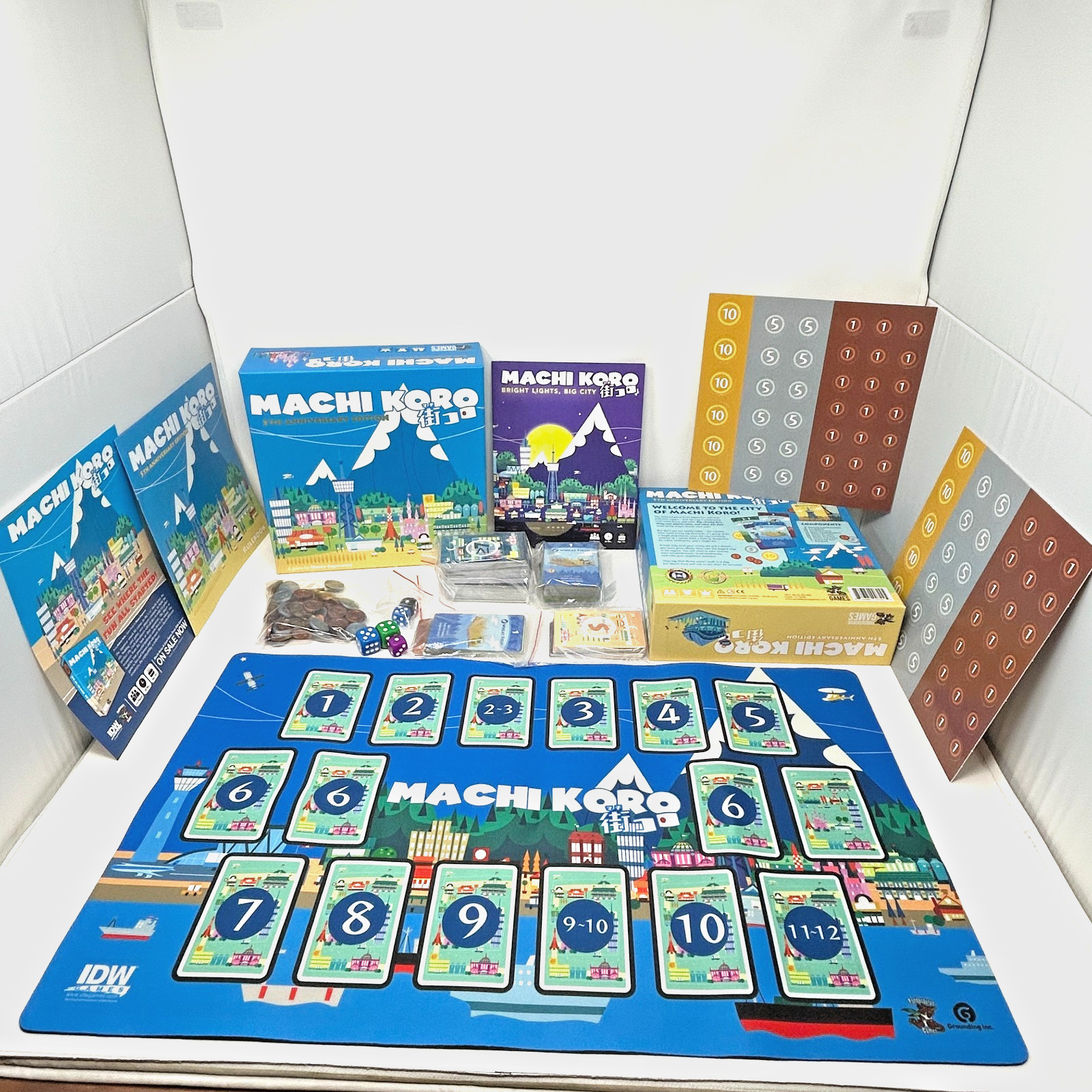 MACHI KORO &Neoprene Playmat &BRIGHT LIGHTS BIG CITY deluxe coins expansion