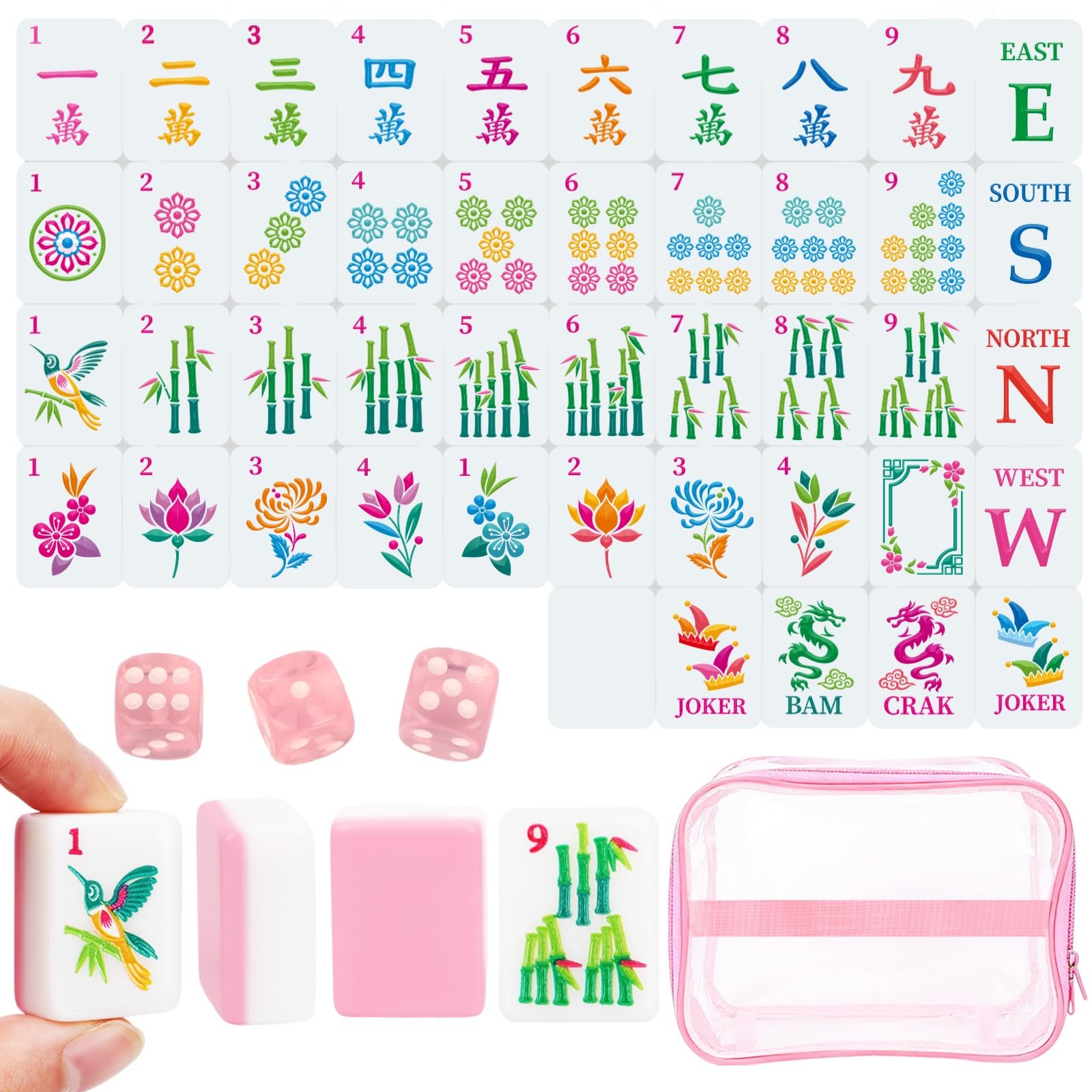 166 American Mahjong Tile Set with Storage Bag & Dice, 1.2″ Pink