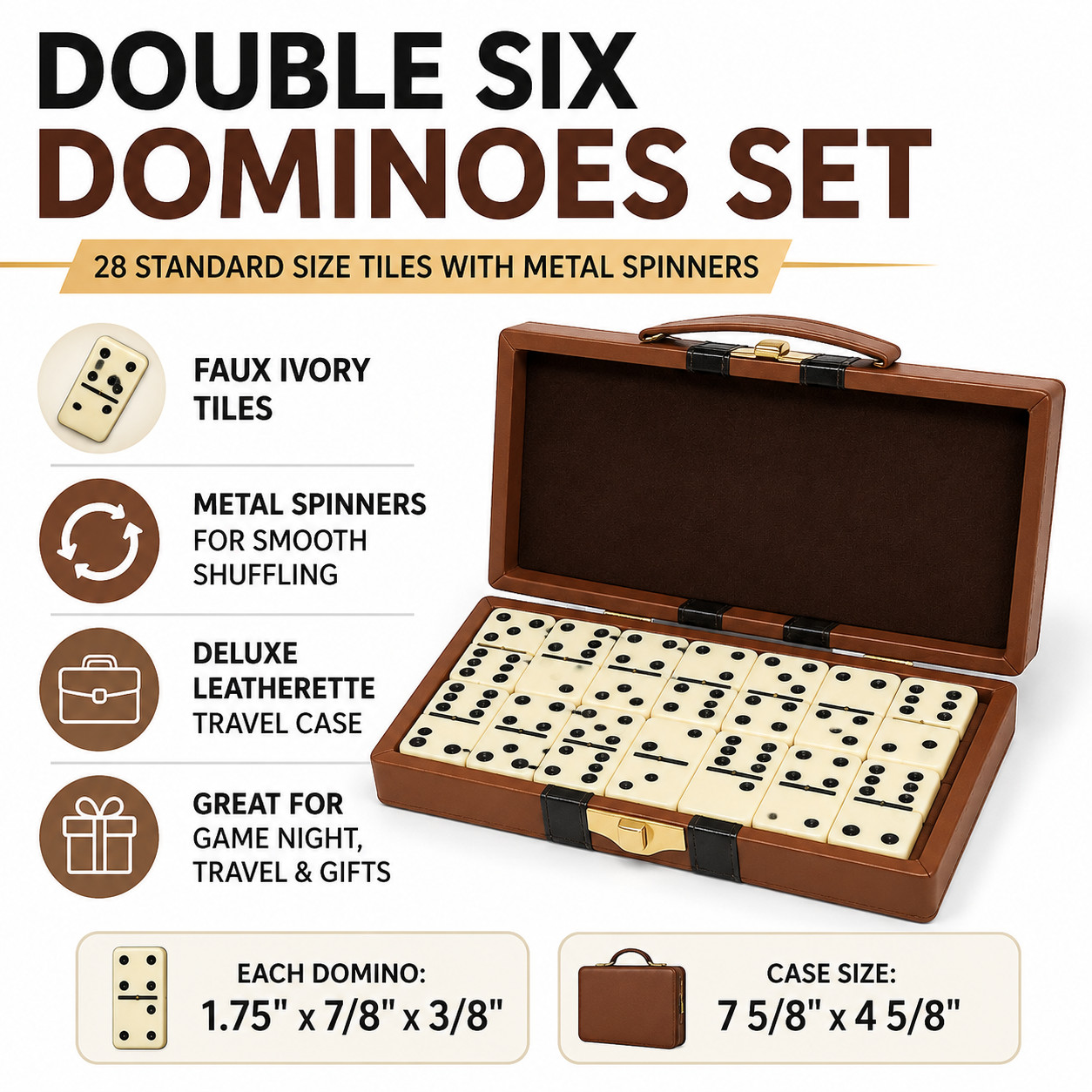 DOMINOES DOUBLE SIX LEATHERETTE CASE STANDARD SIZE TILE THICK 28 PC DOMINO GAME
