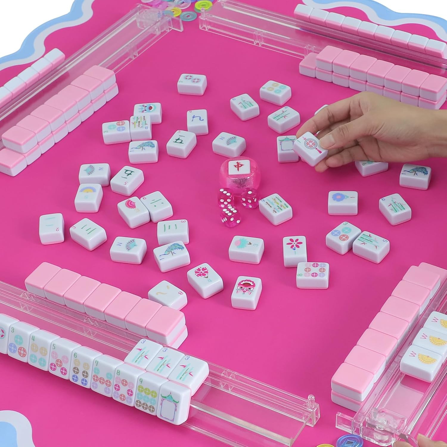 160 Pink American Printed Mahjong Game Set with Carrying Bag and Accessories, 1.