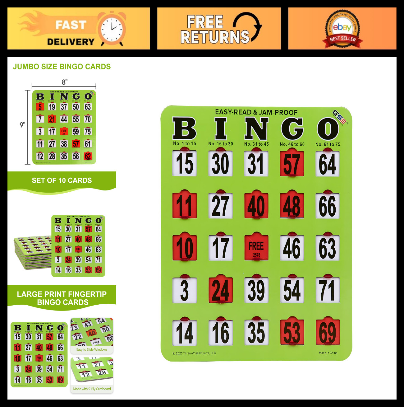 Jumbo Easy-Read Shutter Slide Bingo Cards – 10-Pack Reusable Bulk Set