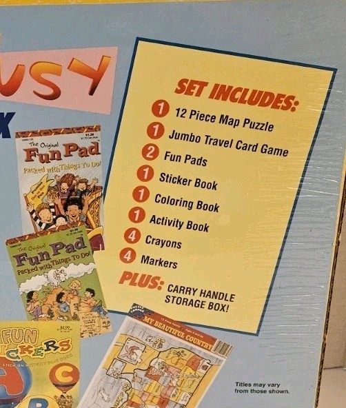 Keep Busy Travel Box Fun on the Run Coloring Book Puzzles Fun Pads Stickers NEW
