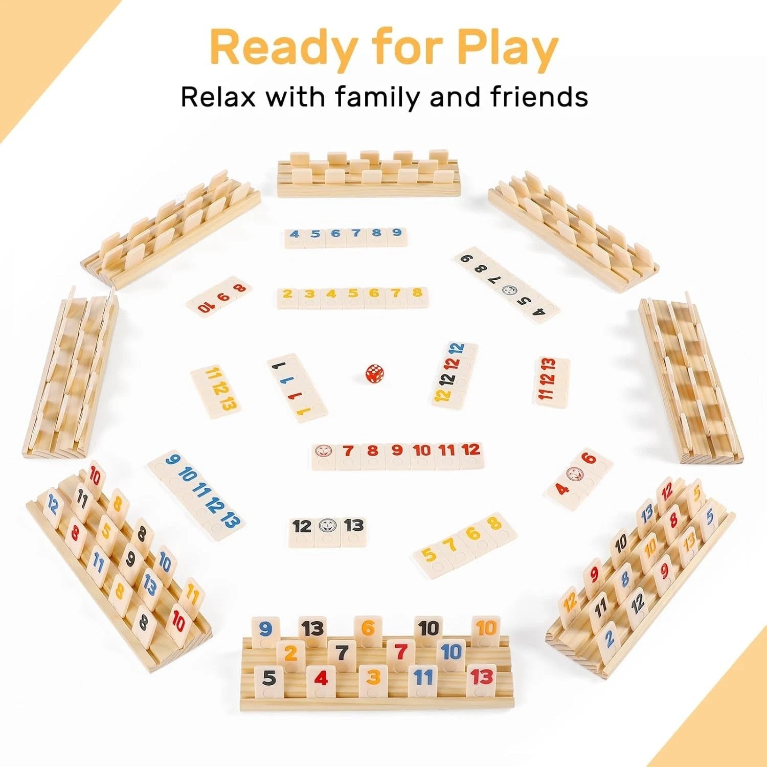 Rummy Cube 8 Player Set – 214 Large Tiles, 8 Wooden Racks, Zipper Case