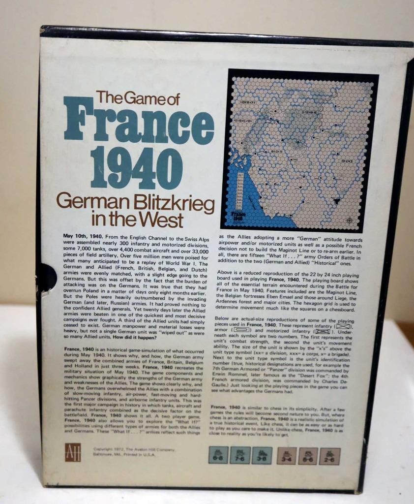 1972 Avalon Hill France 1940 German Blitzkrieg in the West Board Game Unpunched