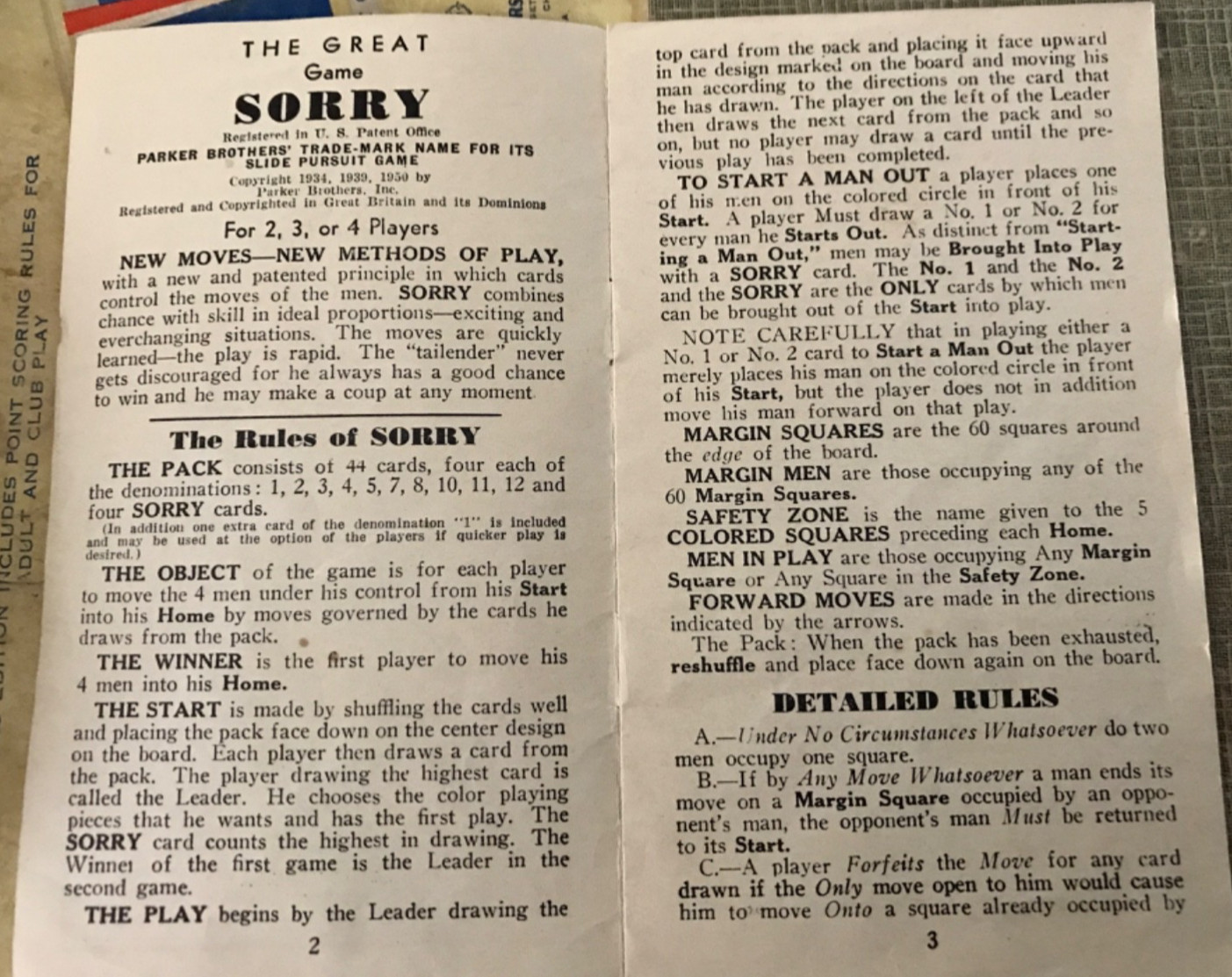1950 Vintage SORRY Board Game Cards Wooden Pegs instructions 1 blue peg missing
