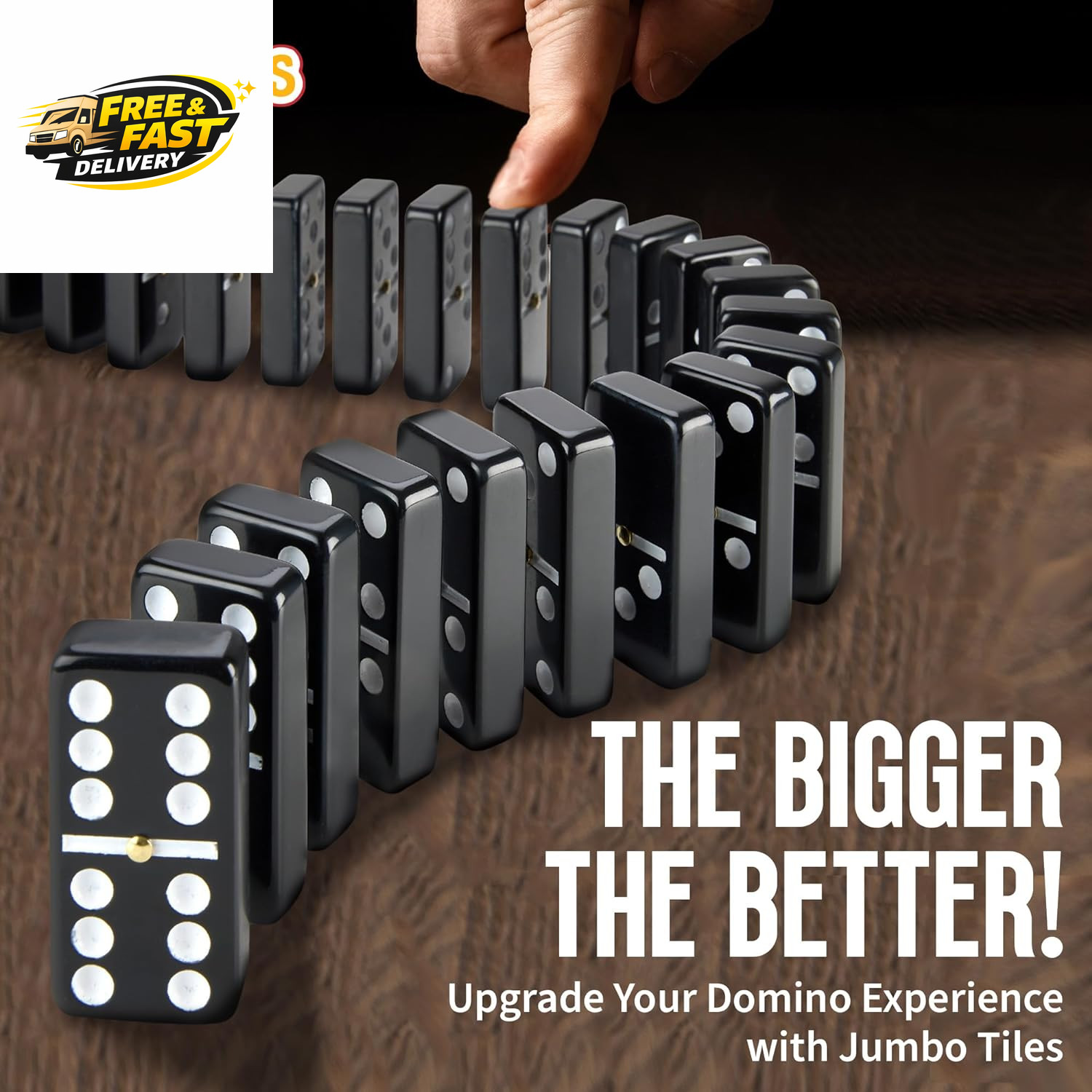 Jumbo Double Six Dominoes Set – 28 Black Classic Tiles in Faux Leather Case
