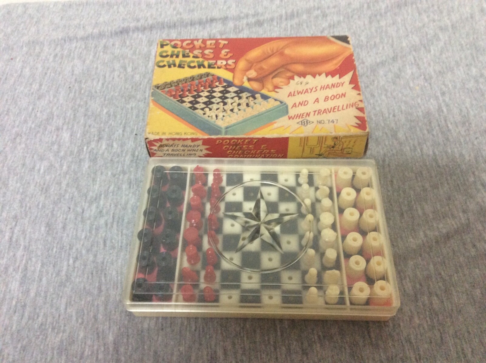 Vintage Pocket Chess & Checkers Combination Original Box BP Hong Kong