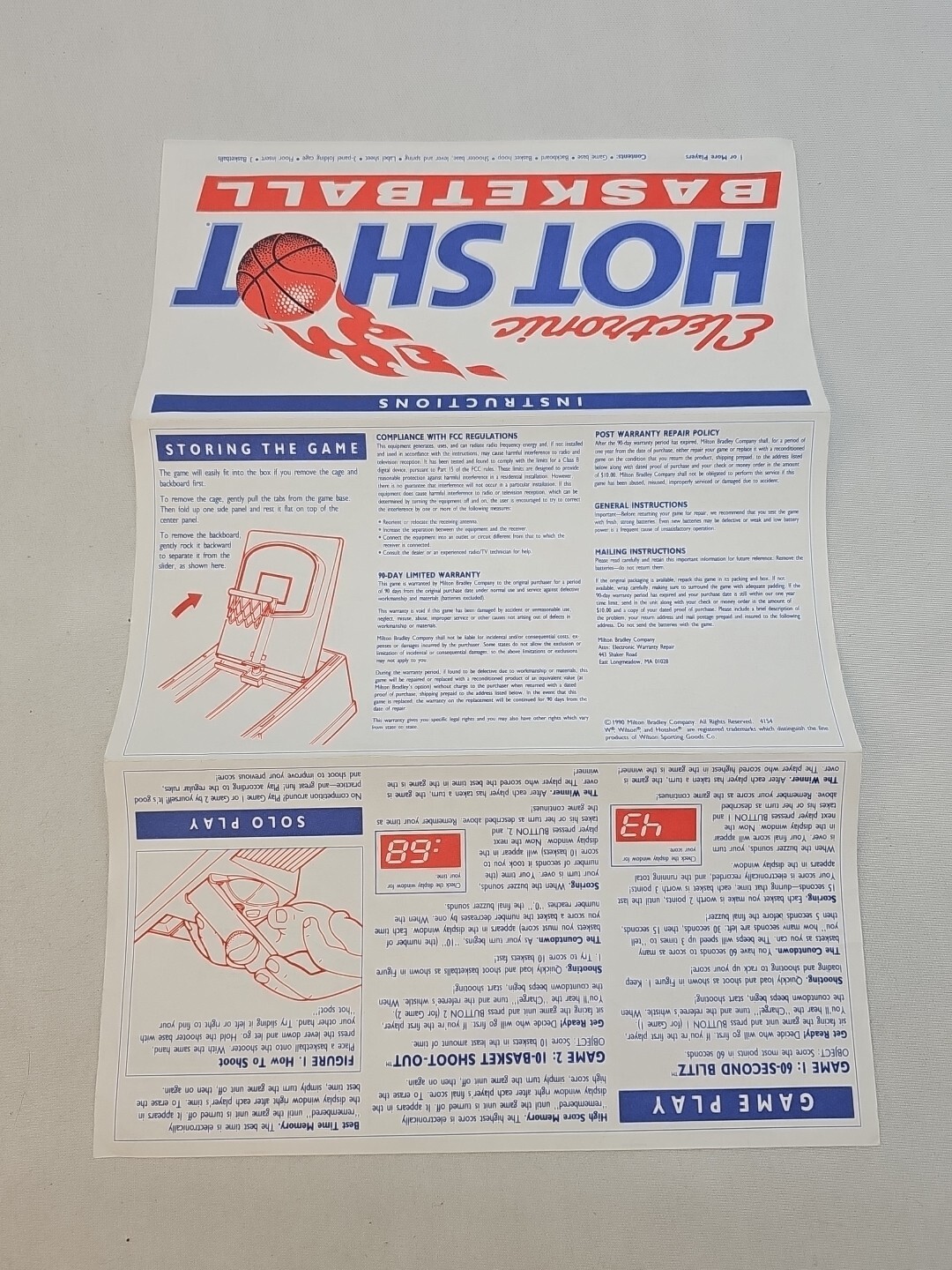 Vintage 1990 Milton Bradley 4154 Electric Hot Shot Basketball Instructions Only