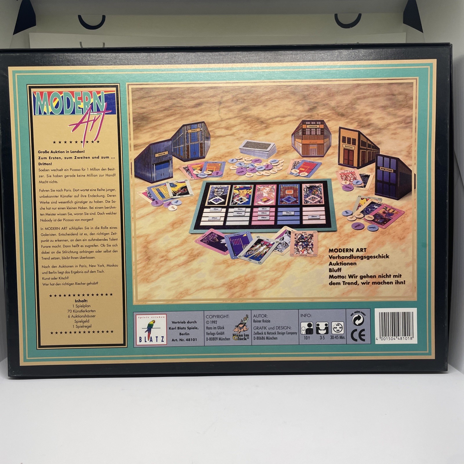 Hans Im Gluck Boardgame Modern Art (1st German Ed) unpunched, cards sealed.