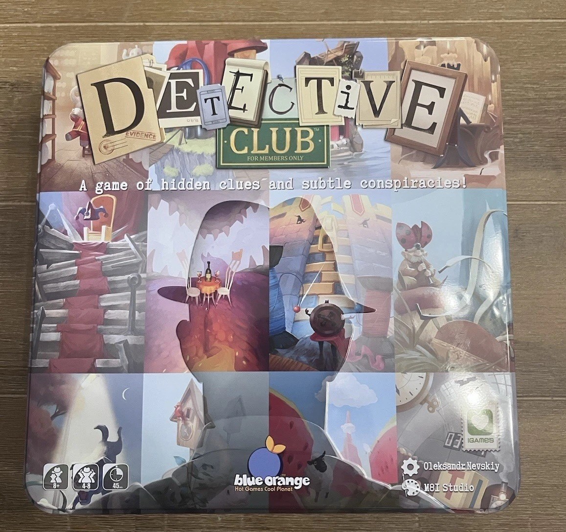 Detective Club 100 %COMPLETE Blue Orange Social Deduction Board Game Metal Tin