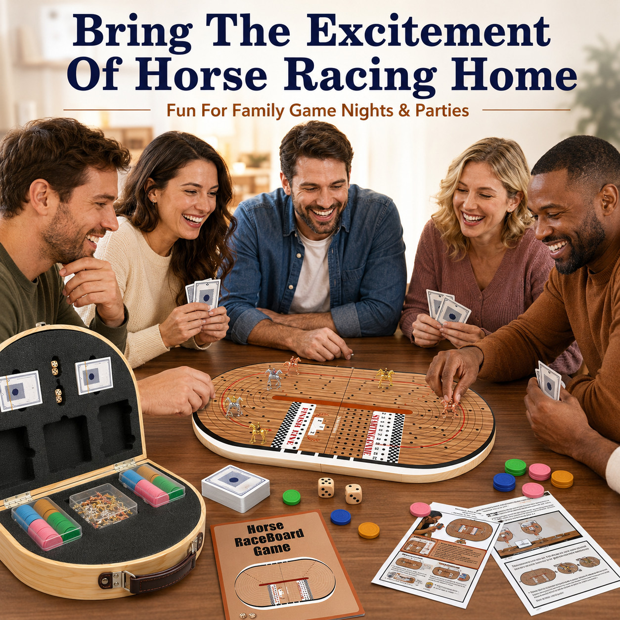 24.8in Wooden Horse Racing Board Game Foldable Large Race Track Set w Accessorie