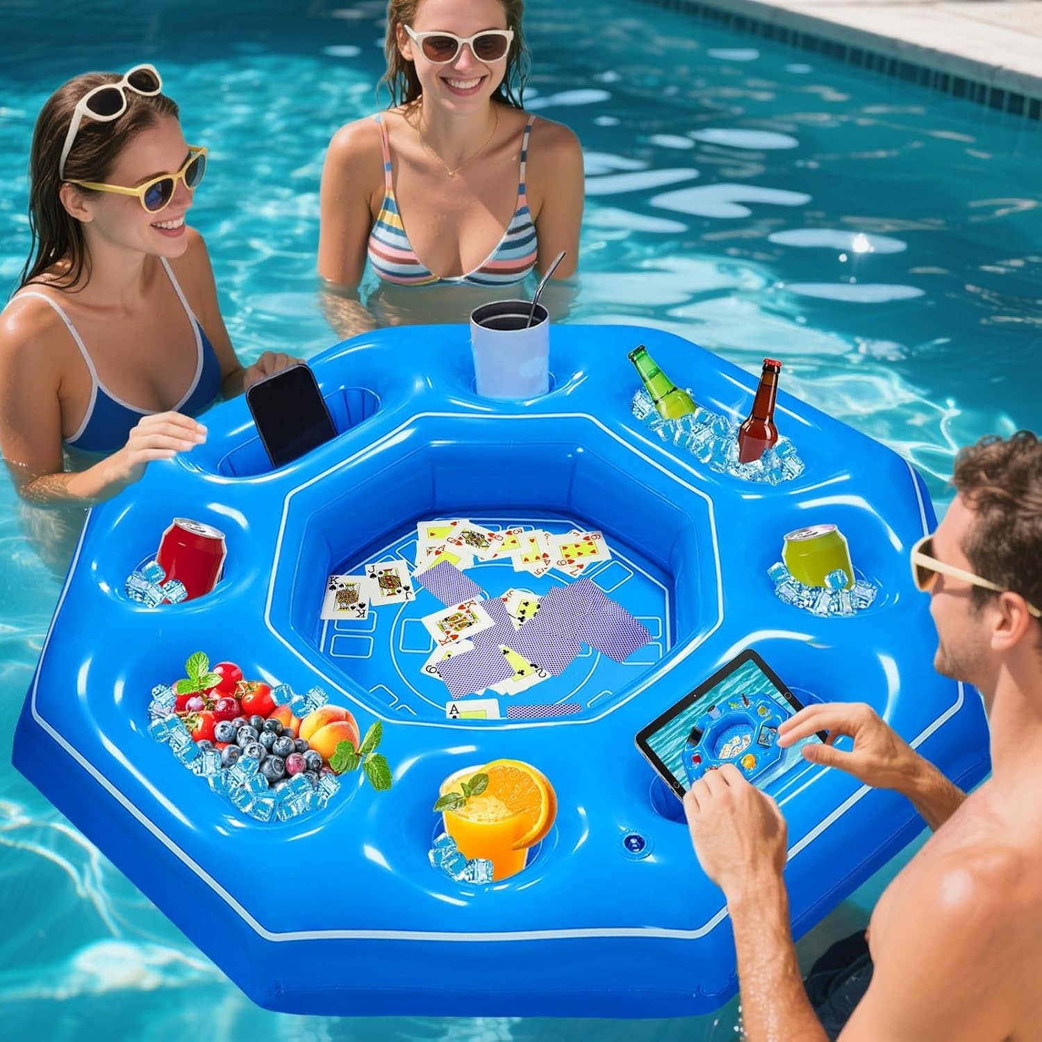 Lanathel Octagonal Inflatable Game Table with Waterproof Cards for Pool Parties