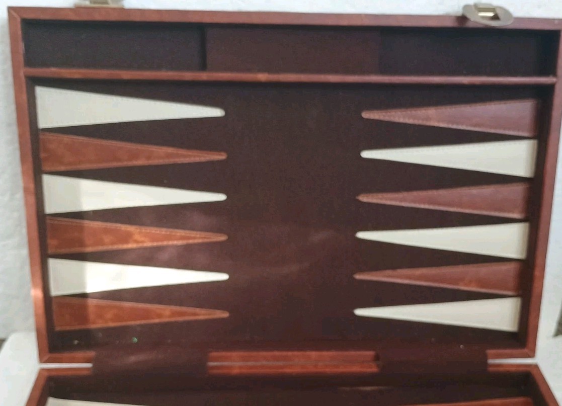 VTG 12″x 18″ Backgammon Set Brown Faux Leather Case Complete Some Chip Damage