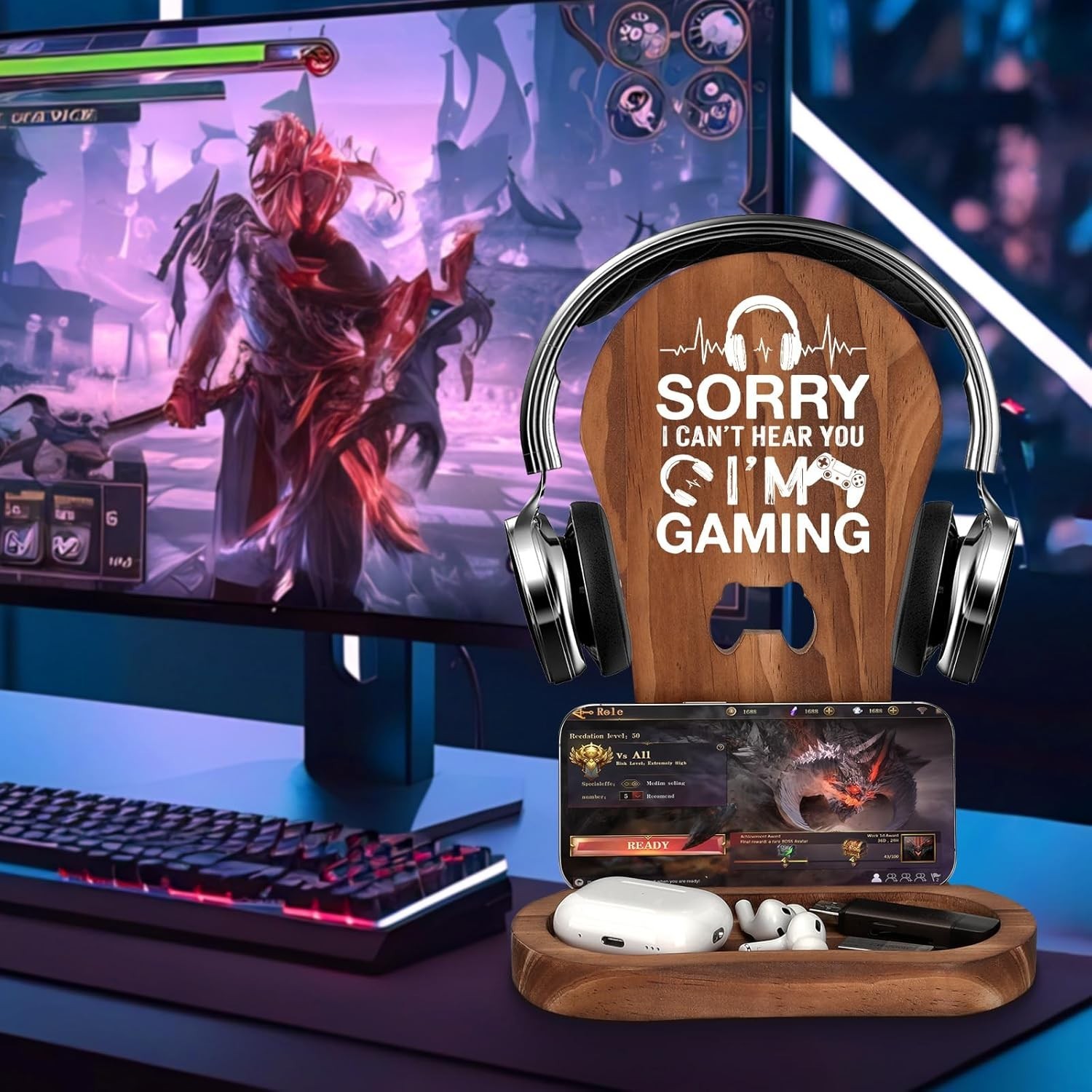 Multi-Functional Gamer Decor – Wooden Headset Stand for All Gaming Setups