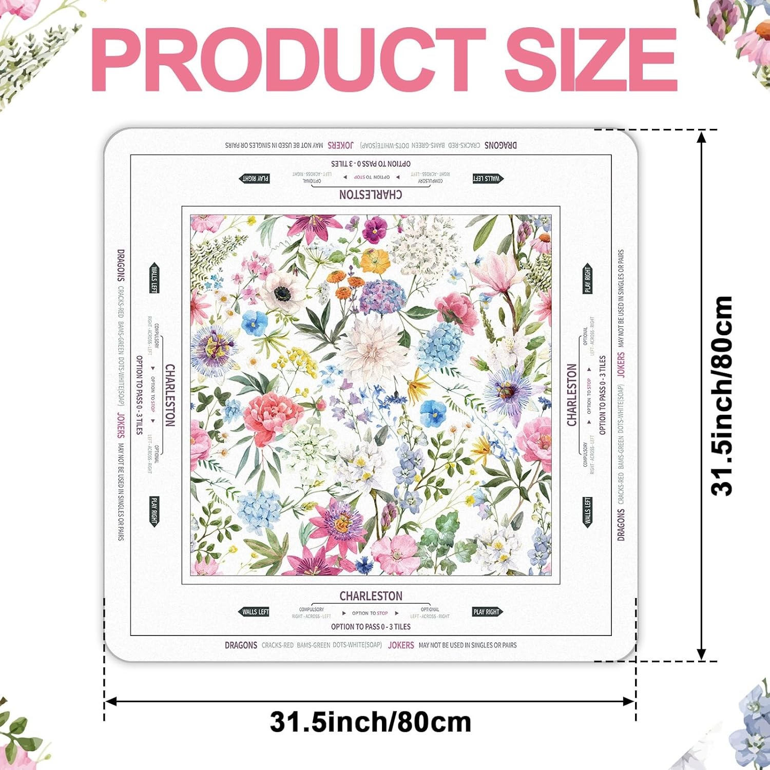 Chinoiserie Mahjong Mat 31.5″ x 31.5″ Colorful Floral Mat Anti Slip & Noise